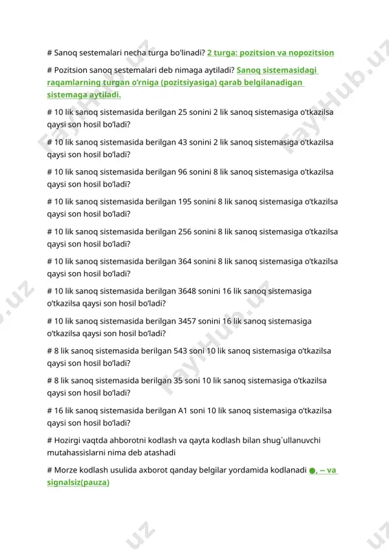 n hosil bo’ladi? # 10 lik sanoq sistemasida berilgan 43 sonini 2 lik sanoq sistemasiga o’tkazilsa qaysi son hosil bo’ladi? # 10 lik sanoq sistemasida berilgan 96 sonini 8 lik sanoq sistemasiga o’tkazilsa qaysi son hosil bo’ladi? # 10 lik sanoq sistemasida berilgan 195 sonini 8 lik sanoq sistemasiga o’tkazilsa qaysi son hosil bo’ladi? # 10 lik sanoq sistemasida berilgan 256 sonini 8 lik sanoq sistemasiga o’tkazilsa qaysi son hosil bo’ladi? # 10 lik sanoq sistemasida berilgan 364 sonini 8 lik sanoq sistemasiga o’tkazilsa qaysi son hosil bo’ladi? # 10 lik sanoq sistemasida berilgan 3648 sonini 16 lik sanoq sistemasiga o’tkazilsa qaysi son hosil bo’ladi? # 10 lik sanoq sistemasida berilgan 3457 sonini 16 lik sanoq sistemasiga o’tkazilsa qaysi son hosil bo’ladi? # 8 lik sanoq sistemasida berilgan 543 soni 10 lik sanoq sistemasiga o’tkazilsa qaysi son hosil bo’ladi? # 8 lik sanoq sistemasida berilgan 35 soni 10 lik sanoq …