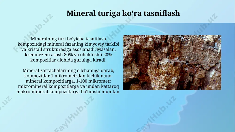 larining klassifikatsiyasi, bog'lovchi matritsaning turiga ko'ra ham amalga oshiriladi, bu yerda sement asosidagi, gips asosidagi va polimer asosidagi kompozitlar keng tarqalgan hisoblanadi. yog'och-mineral kompozitlari, tarkibidagi mineral miqdoriga ko'ra, 3 ta asosiy sinfga bo'linadi: past (5-15%), o'rta (15-30%) va yuqori (30% dan ortiq) mineral zarrachalarni o'z ichiga olgan kompozitlar. gibrid kompozitlar tasnifi gibrid kompozitlarning bir tasnifi ikki yoki undan ortiq turdagi to'ldiruvchilarni o'z ichiga olgan kompozitlarni o'z ichiga oladi, masalan, 70% yog'och tolasi va 30% mineral zarralar. gibrid kompozitlar ishlab chiqarish usuliga qarab tasniflanishi mumkin, jumladan, ekstruziya, inyeksion kalıplama va kompressiyali kalıplama, ularning har biri o'ziga xos xususiyatlar va 5-10% gacha farqlar bilan ajralib turadi. e'tiboringiz uchun rahmat @taqdimot_robot image2.jpg image3.jpg image4.jpg image5.jpg image6.jpg image7.jpg image8.jpg image9.jpg image10.jpg image11.jpg image12.jpg image13.jpg image1.png