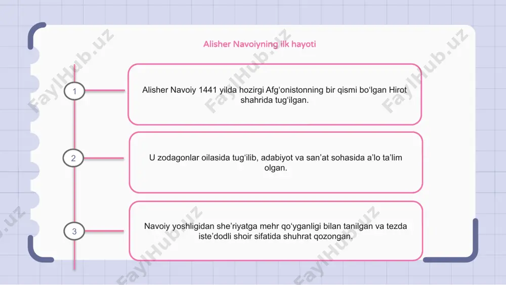 vchi va siyosatchisi. u turkiy adabiy anʼanaga eng katta hissa qoʻshganlardan biri hisoblangan. uning asarlari muhabbat, tabiat va ma’naviyat mavzulari atrofida. navoiy she’riyati o‘rta osiyo shoirlarining keyingi avlodlariga katta ta’sir ko‘rsatgan va bugungi kunda ham ulug‘lanib kelinmoqda. uning adabiy yutuqlari inobatga olinib, navoiy ko'plab mukofotlarga sazovor bo'lgan. uning asarlari o‘zbekiston milliy o‘quv dasturida o‘rin olgan va uning surati mamlakat pul birligida aks ettirilgan. navoiyning jahon adabiyotiga ta’siri alisher navoiy markaziy osiyoning atoqli shoiri, yozuvchi va faylasufidir. uning asarlari jahon adabiyotiga katta ta’sir ko‘rsatgan, g‘oya va mavzulari turli madaniyatlarda aks-sado bergan. navoiy ta’sirini turli tillardagi adabiyot rivojida ko‘rish mumkin, uni chinakam jahon adabiyoti arbobiga aylantiradi. 1 2 3 e'tiboringiz uchun rahmat