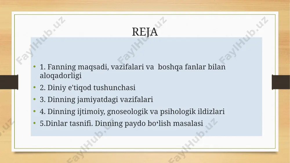 rning ma'lum xalq hayotida tutgan oʻrni haqida umumiy nazariy tushunchalar berish ularning davlat va din munosabatlari, dinlararo bagʻrikenglik gʻoyasi va madaniyati toʻgʻrisidagi tasavvurlarini boyitish; din va diniy qadriyatlarning talqin etilishi va bugungi kundagi ahamiyatini oʻrgatish; globallashuv jaryonida diniy sohada kechayotgan tendensiyalarni yoritish yoshlarda turli zararli diniy sekta va oqimlarning buzgʻunchi gʻoyalariga qarshi immunitetni shakllantirish talabalarda bagʻrikenglik madaniyatini shakllantirish ularga dinlarning tinchlikparvar, insonparvar gʻoyalarini ochib berish dinlar tarixi, mohiyatini ochib berishda eski, bir yoqlama, ateistik yondashuvdan voz kechish turli dinlarni niqob qilib olgan ekstremistik va terrorchi tashkilotlarning aslida hech qaysi dinga toʻgʻri kelmasligini ochib berish oʻzbekiston respublikasida mavjud konfessiyalar oʻrtasida totuvlikni ta'minlashga hissa qoʻshish dinning jamiyatdagi vazifalari dunyoqarashni shakllantirish kompensatorlik (toʻldiruvchilik, tasalli beruvchilik) kommunikativlik (aloqa bogʻlashlik) integrasion-dezintegrasion (birlashtiruvchilik) madaniyatni targʻib qilish regulyatorlik (tartibga solib, nazorat qiluvchilik) legitimlashtirish (qonunlashtiruvchilik) ruhiy-ma'naviy tarbiyalash boshqa fanlar bilan aloqadorligi din tarix filologiya milliy g’oya arxeologiya etnografiya psixologiya falsafa sosiologiya dinlarni oʻrganish masalasi qadimgi gretsiya va rim …