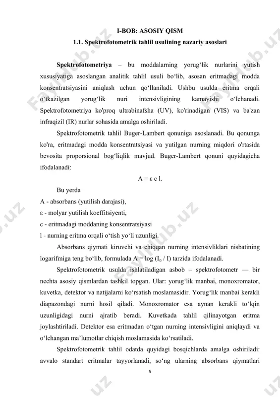 ovka grafigidan foydalanib, nomaʼlum eritmaning absorbans qiymati orqali uning konsentratsiyasi aniqlanadi. spektrofotometrik tahlil usulining afzalliklari qatoriga yuqori sezuvchanlik, oddiy va tezkor ishlash, keng ko‘lamdagi moddalarga moslashuvchanlik kiradi. bundan tashqari, u noinvaziv va nisbatan arzon tahlil usullaridan biridir. ammo ba’zi kamchiliklar ham mavjud. masalan, eritmaning rangi va tiniqligi natijalarga ta’sir qilishi mumkin. shuningdek, nur sochilishi va asbob kalibrovkasidagi xatoliklar ham o‘lchov aniqligiga salbiy ta’sir ko‘rsatadi. spektrofotometriya farmatsevtika sohasida dorilar miqdorini aniqlashda, biologiya va tibbiyotda fermentlar faolligini o‘rganishda, kimyo sanoatida xomashyo va mahsulot sifatini nazorat qilishda hamda ekologiyada suv va havo ifloslanishini baholashda keng qo‘llaniladi. molekulyar absorbsion spektroskopiya usulining spektrning ub va ko‘zga ko‘rinuvchi sohalari an’ana bo‘yicha spektrofotometriya deb ataladi. ma’lumki spektrning ko‘zga ko‘rinuvchi sohasi 400–750 nm oraliqni, ub soha esa ~10–400 nmni tashkil etadi. odatda spektrofotometriyada ub sohaning faqat uzun to‘lqinli qismi ishlatiladi (λ>200 nm). qisqa to‘lqinli ub nurlar (λ 350 nm) esa cho‘g‘lanishli volfram lampalari ishlatiladi. chastota analizatorlari sifatida yorug‘lik …