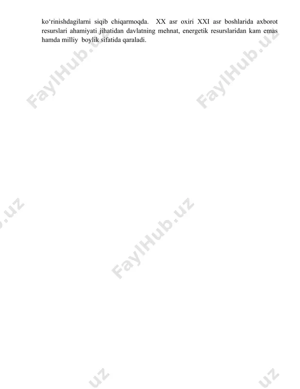 uchun mo‘ljallangan. elektron to‘plagichlarning ixchamligi, katta hajmdagi ma’lumotlarni saqlay olishi, tez ishlashi hamda u bilan ishlashning qulayligi turli axborot resurslarini elektron shaklga (hujjatlarni va kitoblarni skanerlash, foto, videokameralar yordamida tasvirga olish) o‘tkazishni taqozo etdi. elektron shakldagi axborot resurslari (elek​tron​ en​siklo​pe​diyalar, elek​tron​ kitoblar) tezlik bilan an’anaviy ko‘rinishdagilarni siqib chiqarmoqda. xx asr oxiri xxi asr boshlarida axborot resurslari ahamiyati jihatidan davlatning mehnat, energetik resurslaridan kam emas hamda milliy boylik sifatida qaraladi. 2024-2025 o‘quv yili o‘zbekiston respublikasi oliy ta’lim, fan va innovatsiyalar vazirligi muhammad al‑xorazmiy nomidagi toshkent axborot texnologiyalari universiteti “tasdiqlayman” o‘zbek va rus tillari kafedrasi mudiri s.x.abdullayeva 2-variant akademik yozuv fanidan yakuniy nazorat savollari 1. matnga murakkab reja tuzing. 2. matnga sharh yozing. 3. “t sxema”si bo‘yicha internetning salbiy va ijobiy tomonlarini yozing. ta’lim sohasida internet texnologiyalari deyarli har kuni internetdan foydalanamiz, kinofilmlar tomosha qilamiz, musiqa tinglaymiz, turli ma’lumotlar qidiramiz. bugungi kunda global tarmoq hayotimizga tobora chuqur kirib kelmoqda. internet haqida qiziqarli …