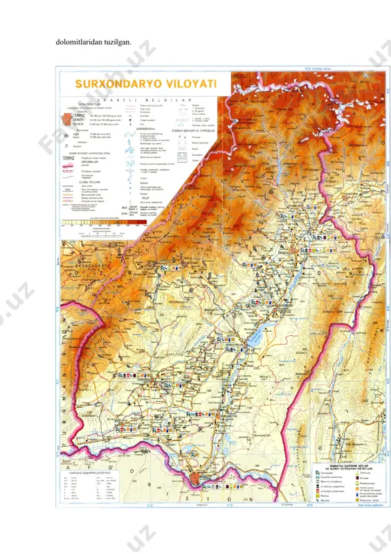 a jadval ilova qilingan. i-bob. surxondaryo tabiiy sharoitining geografik jihatlari 1.1. joylashgan geografik o’rni, geologiyasi va rel’efi surxondaryo o’zbekistonning eng janubiy qismida joylashgan.u o’z ichiga sherobod-surxon vodiysi va uning atrofini o’rab turgan tog’larni oladi. surxondaryo shimoli-g’arbda chaqchar va boysun tog’lari orqali qashqadaryo bilan, g’arbda ko’hitang tog’larining suvayirg’ich qismi orqali turkmaniston, janubda amudaryo orqali afg’oniston bilan, sharqda esa bobotog’ning suvayirg’ich qismi orqali tojikiston bilan chegaralanadi. uning shimoli-sharqiy chegarasi hisor tizmasining janubiy yonbag’ri orqali o’tadi. surxondaryo geologik tuzilishi jihatidan sinklinal botiqda joylashgan hamda neogen va antropogen davrning qalin allyuvial va prolyuvial yotqiziqlari bilan to’lgan. bu botiqda hozir ham neotektonik jarayonlar davom etmoqda, surxondaryo atrofidagi tog’lar ko’tarilb, botiq cho’kib bormoqda [7] bobotog’ surxondaryoning g’arbiy qismida joylashgan bo’lib, geologik tuzilishi va rivojlanish tarixi jihatidan eng yosh tog’ hisoblanadi. u alьp tog’ burmalanish bosqichida ko’tarilgan. bu yerdagi keksa tog’ jinslari bo’r davriga xos bo’lib, tog’ning eng baland qismlari va zamini qizil gil, qizil qumtosh, qizil …