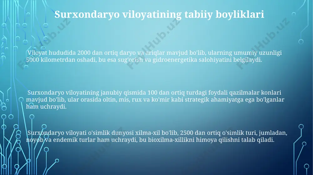 i, bu esa ekoturizmni rivojlantirish uchun katta salohiyat yaratadi. surxondaryo viloyatida 2000 dan ortiq madaniy meros obyektlari, shu jumladan, 100 dan ziyod arxeologik yodgorliklar mavjud bo'lib, ularning 30 foizi turizm maqsadlarida foydalanilmoqda. surxondaryo, o'rta osiyo ipak yo'li tarixining muhim qismi bo'lgan, 50 dan ortiq tarixiy shahar va qishloqlarga ega bo'lib, bu madaniy-tarixiy turizm uchun noyob imkoniyatlarni taqdim etadi. e'tiboringiz uchun rahmat @taqdimot_robot image1.png image2.png image3.png image4.png image5.png