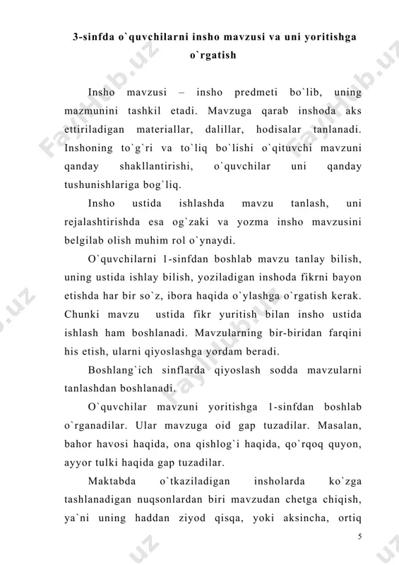 ulosa qismida obrazlarning tipikligi, yozuvchi ijodining ahamiyati, yozuvchining adabiyot rivojidagi roli haqida so`z yuritiladi. og`zaki va yozma inshoga o`rgatish jarayonida o`quvchilarda mavzuni tushunish va yoritish, o`z inshosini aniq fikrga bo`ysundirish, material to`plash, uni tartibga solish va joylashtirish, reja tuzish va reja asosida yozish, mazmunga va nutq vaziyatiga mos ravishda til vositalaridan foydalanish, yozgan inshosini takomillashtirish ko`nikmalari hosil qilinadi. bulardan tashqari texnik vazifalar ham amalga oshiriladi, ya`ni matnni yozishda imlo qoidalari va husnixatga e`tibor berish, matnni xatboshidan yozish, husnixat va hoshiyaga rioya qilish kabi talablarga ham amal qilinadi. 1-4 sinflardagi bayon va insho ta`limiy xarakterga ega bo`lib, o`qituvchi rahbarligida o`tkaziladi. bu sinflarda o`quvchilar mazmuni o`zlashtirilgan ertak, hikoya bo`yicha bayon, hayotiy tajribalar va rasmlar asosida kichik hajmda insho yozadilar. boshlang`ich sinflarda o`quvchilarni insho mavzusi va uni yoritishga o`rgatish insho mavzusi bilan tanishtirishdan boshlanadi. xususan, ularda insho yozish malakasi rivojlanishi uchun qulay, mazmunli, sodda mavzu tanlash talab qilinadi. bundan tashqari kelajak haqidagi “kim …