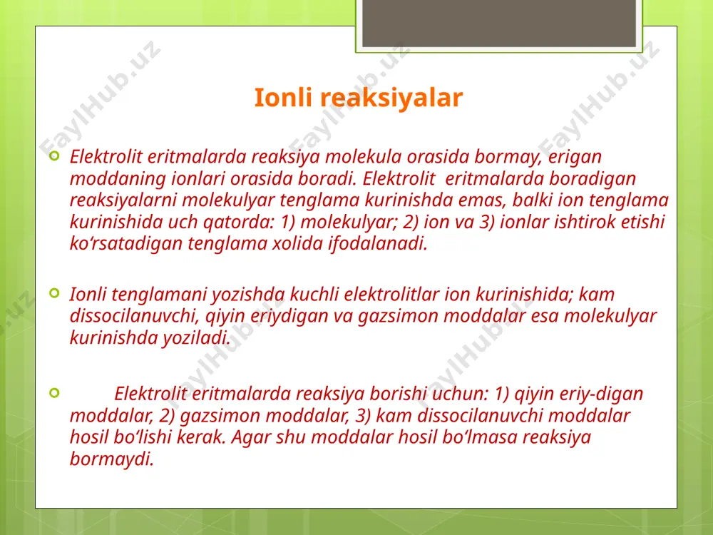 ayib, h+ ionlarining konsentrasiyasi ortadi. vodorod ionlarining konsentrasiyasi ortganligi uchun eritma kislotali muhitga ega bo`ladi. nh4ci +h2o  nh4oh + hci ionli ko`rinishda: nh4+ + ci- + h2o  nh4oh + h+ + ci- nh4+ + h2o  nh4oh + h+ anionlararo gidrolizlanish. kuchli asos va kuchsiz kislotadan hosil bo`lgan tuzlar anionlararo gidrolizlanadi. bu tipdagi tuzlar gidrolizlanganda tuz tarkibidagi kuchsiz kislota anionlari suvning h+ ionlari bilan birikib, kam dissosilanadigan birikmalar hosil qiladi,natijada eritmadagi h+ ionlarining konsentrasiyasi kamayib,oh-ionlarining konsentrasiyasi ortadi. gidroksid ion-larining konsentrasiyasi ortgani uchun eritma ishqoriy muhitga ega bo`ladi. ch3 coona + h2o  ch3cooh +naoh ch coo- + h2o  ch3cooh + oh- (ph>7) kuchli asos va ko`p negizli kuchsiz kislotadan hosil bo`lgan tuzlarning gidrolizi qam bosqichli sodir bo`lib, oddiy sharoitda faqat birinchi bosqichda yaxshi boradi.va bunda nordon tuz hosil bo`ladi, ham kationlararo anionlararo gidrolizlanish. kuchsiz kislota va kuchsiz asosdan hosil bulgan tuzlar ham kation, ham anionlararo gidrolizlanadi. bu …