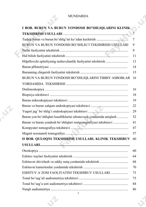 ........................................................................... 150 kompyuter tomografiya .................................................................................... 152 magnit rezonansli tomografiya ........................................................................ 154 iii bob. xalqum, hiqildoq va qizilo’ngachni tekshirish usullari. klinik tekshirish usullari...................................... 181 bo’yin sohasini ko’zdan kechirish va mahalliy limfa tugunlarini paypaslash .. 181 orqa rinoskopiya ............................................................................................... 184 stomatofaringokopiya ....................................................................................... 186 bilvosita laringoskopiya .................................................................................. 188 tibbiy asboblar yordamida tekshirish ..................................... 191 burun bo’shlig’i va burunxalqumni egiluvchan endoskopiya tekshiruvi ........ 191 epifaringoskopiya ............................................................................................. 194 fibrolaringotraxeoskopiya ................................................................................ 195 bevosita tayanchli mikrolaringokopiya ............................................................. 197 ultratovush tekshiruvi ....................................................................................... 203 rentgenografiya ................................................................................................. 206 kompyuter tomografiya ..................................................................................... 211 magnitrezonansli tomografiya ........................................................................... 213 vaziyatli masalalar …………………………………………………………….. 216 nazorat savollari ............................................................................................... 226 adabiyotlar……………………………………………………