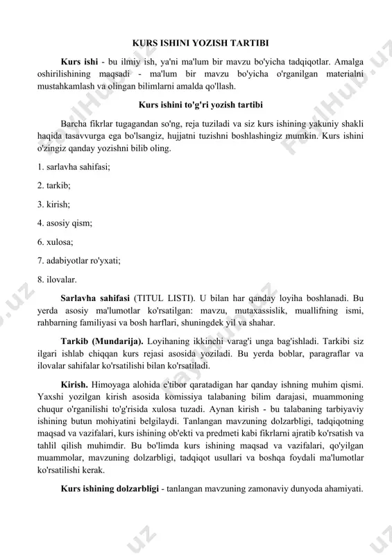 artibi kurs ishi - bu ilmiy ish, ya'ni ma'lum bir mavzu bo'yicha tadqiqotlar. amalga oshirilishining maqsadi - ma'lum bir mavzu bo'yicha o'rganilgan materialni mustahkamlash va olingan bilimlarni amalda qo'llash. kurs ishini to'g'ri yozish tartibi barcha fikrlar tugagandan so'ng, reja tuziladi va siz kurs ishining yakuniy shakli haqida tasavvurga ega bo'lsangiz, hujjatni tuzishni boshlashingiz mumkin. kurs ishini o'zingiz qanday yozishni bilib oling. 1. sarlavha sahifasi; 2. tarkib; 3. kirish; 4. asosiy qism; 6. xulosa; 7. adabiyotlar ro'yxati; 8. ilovalar. sarlavha sahifasi (titul listi). u bilan har qanday loyiha boshlanadi. bu yerda asosiy ma'lumotlar ko'rsatilgan: mavzu, mutaxassislik, muallifning ismi, rahbarning familiyasi va bosh harflari, shuningdek yil va shahar. tarkib (mundarija). loyihaning ikkinchi varag'i unga bag'ishladi. tarkibi siz ilgari ishlab chiqqan kurs rejasi asosida yoziladi. bu yerda boblar, paragraflar va ilovalar sahifalar ko'rsatilishi bilan ko'rsatiladi. kirish. himoyaga alohida e'tibor qaratadigan har qanday ishning muhim qismi. yaxshi yozilgan kirish asosida komissiya talabaning bilim darajasi, …