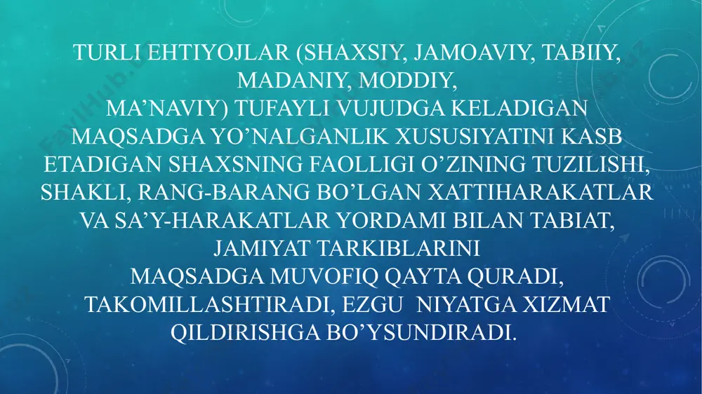 intilish va istaklarini tormozlanishni talab qiladi, binobatin, u anglangan turlicha harakatlar tizimi mujassam bo’lishini taqozo qiladi. irodaviy faoliyatning mohiyati shundan iboratki, bunda shaxs o’zini o’zi boshqaradi, o’zini qo’lga ola oladi, o'ziga tegishli xususiy ixtiyorsiz impulsiv tomonlarini nazorat etadi, zarurat tug’ilsa, ularni tamoman yo’qota oladi ham. iroda paydo bo’lishining bosh omili — inson faoliyatining turli tarkiblari va irodaviy harakatlaming tizimli tarzda tatbiq etilishi hamda bunday ish-harakatlarda ong bilan mujassamlashuvchi shaxsning faolligidir. irodaviy faoliyat shaxsning keng ko’lamda anglangan va ruhiy jarayonlami amalga oshirish xususiyatiga doir irodaviy zo’r berishni talab qiladigan aqliy amallardan iborat. image3.png /docprops/thumbnail.jpeg