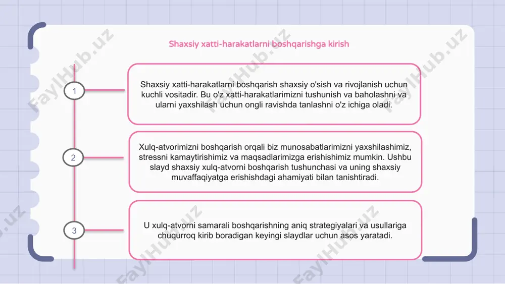 lar qilishlari mumkin. shaxsiy xatti-harakatlarni boshqarishda o'z-o'zini anglashning o'rni o'z-o'zini anglash shaxsiy xatti-harakatlarni boshqarishda juda muhimdir, chunki u odamlarga o'zlarining kuchli va zaif tomonlarini aniqlashga imkon beradi. o'z-o'zini anglash orqali odamlar o'zlarining xatti-harakatlari o'zlariga va boshqalarga qanday ta'sir qilishini yaxshiroq tushunishlari mumkin, bu ularning xatti-harakatlarini yanada samarali boshqarishga olib keladi. shaxsiy xatti-harakatlarni boshqarish - bu shaxsiy va professional o'sishga erishish uchun o'z-o'zini aks ettirish va o'z-o'zini takomillashtirishni talab qiladigan doimiy jarayon. shaxsiy xulq-atvorni yaxshilash strategiyalari shaxsiy xulq-atvorni yaxshilash strategiyalari aniq maqsad va vazifalarni belgilash, o'z-o'zini anglash va o'z-o'zini aks ettirish ko'nikmalarini rivojlantirish, o'z-o'zini tarbiyalash va o'z-o'zini nazorat qilishni o'z ichiga olishi mumkin. salbiy fikrlash shakllarini aniqlash va ularga qarshi turish va ularni ijobiy tasdiqlar va e'tiqodlar bilan almashtirish muhimdir. bundan tashqari, ongni mashq qilish va hozirda qolish shaxsiy xatti-harakatni yaxshilashga yordam beradi. qo'llab-quvvatlash tarmog'ini yaratish va murabbiylar yoki terapevtlardan yo'l-yo'riq izlash ham shaxsiy xatti-harakatlarni yaxshilashda foydali bo'lishi mumkin. harakatlar uchun …