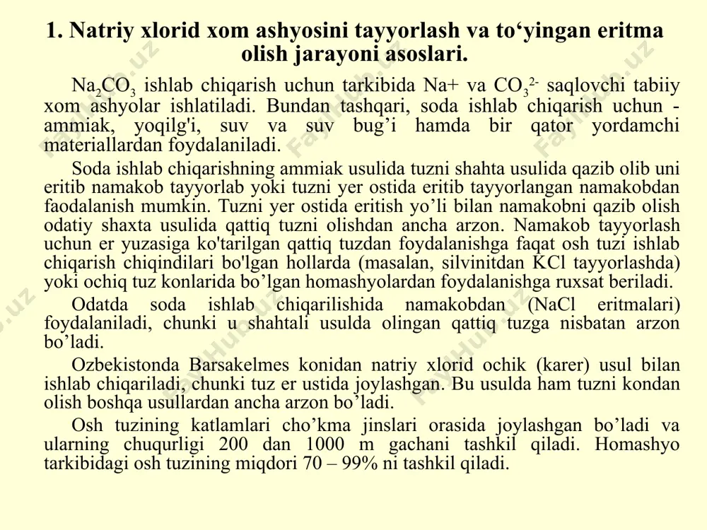 nacl mavjud. lekin to’yinggan eritma hosil bo’lishi uzoq vaqtni talab qiladi, chunki to’yinish holatiga yaqinlashishi bilan natriy xloridning eruvchanligi keskin kamayadi (amalda olinayotgan namakobning tarkibida 306-310 g/l nacl mavjud). namakoblar tabiiy va sunʼiy boʼlishi mumkin. yer osti suvlari bilan natriy xloridning qatlamlarini eritish natijasida tabiiy namakoblar hosil boʼladi. natijada yer ostida namakoblar yigilib qoladi yoki ular yer yuzasiga chiqqanidan keyin tuz manbalari hosil boʼladi. sun'iy sho'r suv tuz qatlami joylashgan hududga quduqlar orqali maxsus beriladigan suv bilan tuzni yer ostidan eritish yoki qazib olingan qattiq osh tuzini hovuzlarda eritish orqali ishlab chiqariladi. tabiiy sho'r suvlar odatda past nacl ga ega, shuning uchun ularga qattiq osh tuzi qo'shib eritib, to'yingan eritma olinishi kerak. sunʼiy namakob olinishida suv quduqlarga oʼz oqimi bilan yoki markazdan qochma nasoslar yordamida beriladi. birinchi holda namakob yer yuzasiga mustaqil ko'tarila olmaydi, chunki uning zichligi quduqqa kelib tushayotgan suvning zichligidan yuqori boʼladi. shuning uchun namakoblar yer ustiga markazdan …