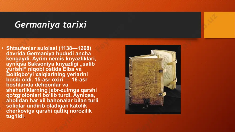 ingliz-fransuz qoʻshinlari tomonidan tor-mor etildi. nihoyat, 1918-yil 5-oktabrda sulh soʻrab, antantaga murojaat qiddi. 1918-yil 11-noyabrda kompyenda yarash ahdi tuzildi. 9-noyabrda berlinda qoʻzgʻolon koʻtarilib, monarxiya tuzumi agʻdarib tashlandi va germaniya respublika boʻldi. germaniya va birinchi jahon urushi 1919-yil fevralda veymar shahrida chaqirilgan taʼsis majlisida ishlab chiqilgan germaniya respublikasi (veymar respublikasi) konstitutsiyasi 31-iyulda qabul qilindi. germaniya burjuaziyasining mavqei mustahkamlana bordi. chet el, ayniqsa aqsh sarmoyasi germaniyaning harbiy va sanoat iqtisodiyotini qayta tiklash imkonini berdi. veymar respublikasi reaksion tusga kira bordi. 1929-yilda boshlangan jahon iqtisodiy boʻhroni germaniya iqtisodiyotiga katta taʼsir qildi. bu sharoitda natsional-sotsialistik partiya (1919-yil tuzilgan) faollasha bordi. 1932-yil mart—apreldagi prezident saylovida adolf hitler 13 mln.dan ortiq ovoz oldi. oʻsha yil noyabr oyida hokimiyat natsional-sotsialistlar qoʻliga oʻtdi. 1933-yilda fashistlar diktaturasi oʻrnatildi. a. hitler reyxskansler, keyinchalik esa davlat boshligʻi boʻlib oldi. shu davrdan boshlab mamlakatda terror rejimi oʻrnatiddi. antifashistlar qattiq taʼqib ostiga olindi. 1935-yil umumiy harbiy xizmat joriy qilindi. germaniya 1936—1939-yillarda italiya bilan …
