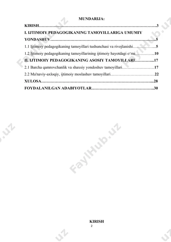 tamoyillari va ularning jamiyatda ijtimoiy barqarorlikni ta'minlashdagi o‘rnini o‘rganish, ijtimoiy pedagogikaning tamoyillarini ta'lim jarayoniga samarali tatbiq etish usullarini aniqlashdir. shu maqsadda, ijtimoiy pedagogikaning asosiy tamoyillari, ularning ta'lim va tarbiya jarayonidagi roli, shaxsni rivojlantirishdagi ahamiyati va amaliyotdagi qo‘llanishi batafsil tahlil qilinadi. ijtimoiy pedagogikaning tamoyillari — bu ushbu sohaning asosiy yo‘nalishlarini, uning metodlarini, o‘quvchilarga nisbatan yondoshuvlar va ijtimoiy munosabatlarni shakllantirishda qo‘llaniladigan prinsiplardir. bu tamoyillar ijtimoiy pedagogikaning turli vazifalarini amalga oshirishda asos bo‘lib, jamiyatda ijtimoiy barqarorlikni ta'minlash, shaxsni rivojlantirish va jamiyatga qo‘shilish jarayonlarini boshqarishda qo‘llaniladi. ijtimoiy pedagogikaning tamoyillari nafaqat o‘quvchilarning ta'lim-tarbiya jarayoniga, balki jamiyatdagi boshqa ijtimoiy qatlamlarga ham taalluqlidir. ular shaxsni axloqiy-ijtimoiy rivojlantirish, jamiyatda o‘z o‘rnini topish, boshqalar bilan aloqalarni samarali tashkil etish, jamiyatga ijtimoiy moslashuvni ta'minlash kabi vazifalarni bajarishga yo‘naltirilgan. ushbu kurs ishida ijtimoiy pedagogikaning tamoyillari, ularning jamiyatdagi o‘rni va ahamiyati, shuningdek, tamoyillarni pedagogik amaliyotda qanday qo‘llash mumkinligi haqida batafsil ma'lumot beriladi. shuningdek, ijtimoiy pedagogikaning tamoyillari asosida shaxsning ijtimoiy moslashuvi, ijtimoiy faolligi …