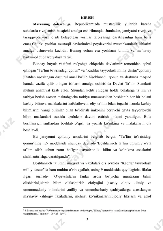 ergan prezidentimiz i.a.karimov shunday deydi- " oila turmush va vijdon qonunlari asosida quriladi,o’zinig ko’p asirlik mustahkam va ma’naviy tayanchlariga ega bo’ladi, oilada demokratik negizlarga asos solinadi,odamlarning talab- ehtiyojlari va qadriyatlari shakllanadi". o’quvchini tarbiyalashda oila bilan hamkorlik maktab bilan birga mahalla ahli bilan olib borish ham muhim ahamiyat kasb etadi. chunki bugungi kunda davlatimiz tomonidan mahalla ishiga alohida e’tibor bilan qaralib kelmoqda. mahalla unda yashovchi barcha fuqarolarni turmush tarzini belgilab beradigan joydir. u davlatning ajralmas bir qismidir. shunday ekan prizidentimiz ta’kidlagandek,"hozirgi vaqtda oilalarning haqiqiy moddiy ahvolini, ularning ma’naviy va madaniy qiziqishlari doirasini mahalladan ko’ra yaxshiroq biladigan boshqa tuzilma yo’q". ayniqsa, bugungi kunda mahalla faoliyatiga e’tibor yanada kuchaytirildi. ishlarida bola tarbiyasida mehnat, estetik, ahloqiy, ongli intizom va unda xalq pedagogikasini o’rni kabi tarbiyani amalga oshirishda maktab va oila hamkorligi masalari o’rganilgan va ilmiy xulosasalar chiqarilgan. lekin olib borilgan ilmiy -tadqiqotlar natijalaridan shuni ko’rishimiz mumkinki, maktab va oila hamkorligi masalasiga mahalla va unda …