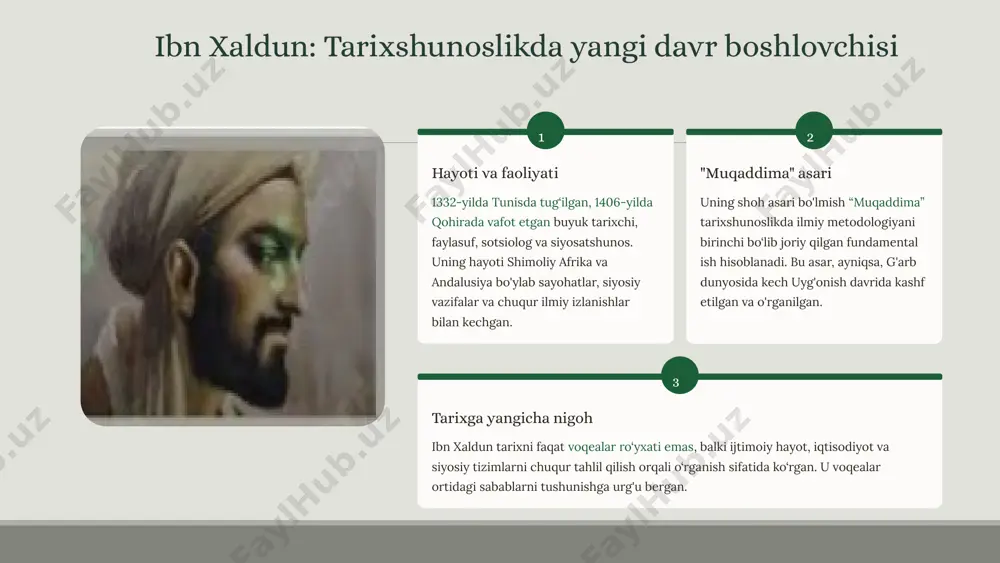 ayniqsa “muqaddima”, tarixshunoslik fanida tub burilish yasagan ilmiy manbalardan biridir. u tarixni oddiy voqealar ketma-ketligi sifatida emas, balki jamiyat taraqqiyotini belgilovchi iqtisodiy, siyosiy va ijtimoiy omillar bilan bog‘liq holda o‘rganish zarurligini ta’kidlagan. uning qarashlari keyingi asrlarda ko‘plab tarixchilar va faylasuflarga katta ta’sir ko‘rsatdi. zamonaviy tarixshunoslikda ham ibn xaldun g‘oyalari dolzarbligini yo‘qotmagan bo‘lib, tarixiy jarayonlarga ilmiy va tizimli yondashuvda muhim manba vazifasini bajaradi. shu bois uning merosi nafaqat o‘tmishni anglash, balki bugungi kun va kelajakni ilmiy asosda tahlil qilish uchun ham katta ahamiyatga ega. foydalanilgan adabiyotlar ibn xaldun. muqaddima. – toshkent: fan, 2003. al-jabiri, m. ibn khaldun’s philosophy of history. – beirut: dar al-tali‘a, 1984. issawi, c. an arab philosophy of history: selections from the prolegomena of ibn khaldun. – london: routledge, 1950. g‘ulomov, a. sharq mutafakkirlari merosi. – toshkent: o‘zbekiston, 2012. toynbee, a. a study of history. – oxford: oxford university press, 1974. alatas, s.f. applying ibn khaldun: the recovery …