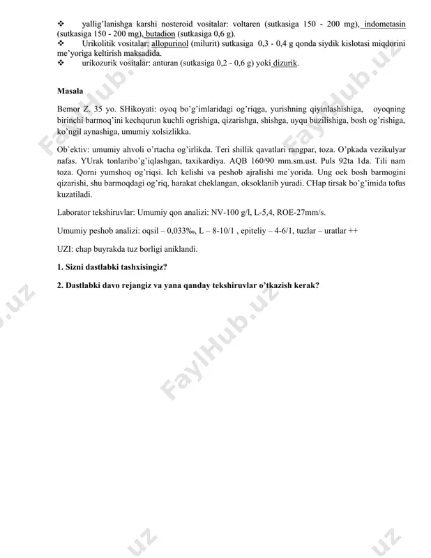 inik ko'rinishi. · podagraning tipik klinik belgisi – vakti-vakti bilan paydo bo’luvchi o’tkir podagra artritidir. · intermittirlovchi podagra o’tkir xurujlarning xurujlararo simptomsiz kechuvchi davri bilan almashinib turishi bilan xarakterlanadi. · ko’pchilik bemorlarda kasallikning klinik aniqlanishi mumkin bo’lgan boshlanish davri tusatdan, ko’pincha tunda, ko’p xollarda tongga yaqin («xuroz kichkirishi bilan») boshlanadigan birinchi o’tkir podagra xurujga to’gri keladi. bemor sog’lom xolda uxlashga yotib, bir yoki bir nechta bo’g’imda paydo bo’lgan kuchli pulsasiyalanuvchi, kuydiruvchi, siquvchi ogriqdan uyg’onib ketadi. · kasallik debyutida ko’pincha oyoo’larning bo’g’imlari zararlanib, asimmetrik zararlanish xususiyatiga ega. podagra jarayoniga oyoq panjalari bo’g’imlari, boldir-tovon, tizza, kul panjalari barmoqlari, tirsak va boshqa bo’g’imlar qo’shilib boradi. · bemorlarning 60-75% ida podagraning dastlabki klinik belgilari oyoq panjalari bosh barmogining birinchi panja-falanga bo’g’imida paydo bo’ladi. ba’zan kasallik poliartrit tipida boshlanadi podagraning klinik simptomlari · kasallik bo’g’imda to’satdan paydo bo’lgan kuchli ogriq, kizarish va bo’g’imning «kizib ketishi» bilan namoyon buladi. bemor og’riqni suyak sinishi yoki oyoq-kullarning siljishida …