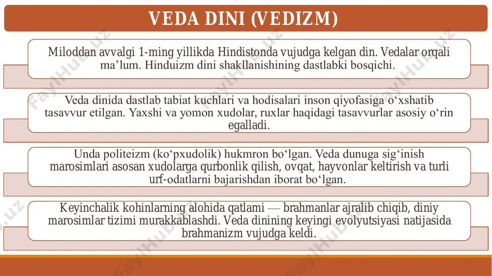 rdan shrutiga kiradi. vedalar ibodat masalalari, marosim, falsafiy ta’limotlar, tarixiy xabarlar, ilohiy qo‘shiq, niyoz, duo, yashash qoidalari, tilsim va sehr kabi mavzulardan iborat. shuningdek, vedalar, “rishi” deb nomlanuvchi g‘ayritabiiy kuchlar bilan aloqada bo‘la oladigan kishilarga “vahiy” qilingan, deb e’tiqod qilinadi. vedalarda butun tabiatning ilohiyligi haqidagi ta’limotni ilgari suriladi. ilohlar orasida “eng ulug‘i, eng kichigi, eng qarisi, eng yoshi” bo‘lmay, ular barchasi ulug‘likda tengdir. bir vaqtning o‘zida bir xudo butun borliqning xukmdori bo‘lishi va shu bilan birga ikkinchi bir xudoga tobe bo‘lishi mumkin. • ular dyanus, varuna, indra kabi osmonlarni boshqarib turuvchi xudolardir. osmon xudolari • ularning eng qadimiysi mitra. savitri quyoshning quvvat beruvchi kuchida namoyon bo‘ladi. vishnu xozirda hindistonda ulug‘lanadi.quyosh xudolari • ashvina va savitar. ularning boshida ikkita sariq otga qo‘shilgan aravada turuvchi indra jang xudosidir.havo xudolari • ularning ulug‘i agnidir. odamlarning qurbonliklarini xudoga yetkazuvchi ruhoniy sifatida tasavvur qilinganyer xudolari • tong va tong nuri ma’budasi ushas, daryo xudosi sarasvatilar …