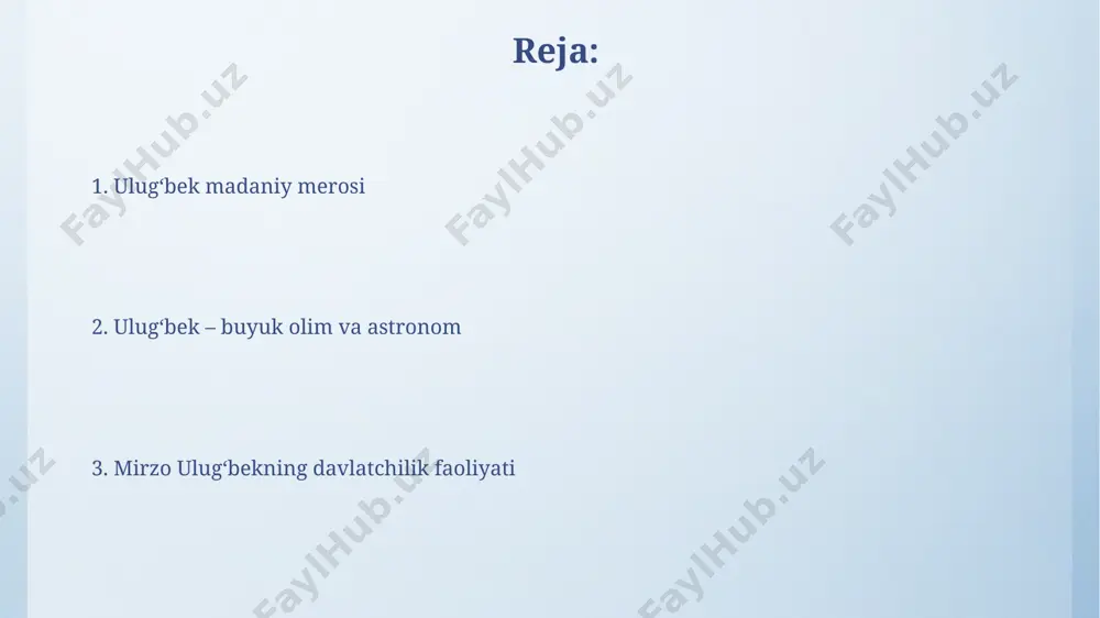 sultoniy" asarida aks etgan. ulug'bekning o'limi va merosi mirzo ulugʻbek 1449-yilda oʻzining yaqin kishilaridan biri tomonidan, ehtimol, siyosiy fitna natijasida oʻldirilgan va uning ulkan ilmiy merosining bir qismi keyinchalik vayron qilingan. ulugʻbekning oʻlimi bilan uning keng koʻlamli islohotlari toʻxtab qoldi, ammo uning ilmiy va madaniy merosi yuz yillar davomida jahon olimlari tomonidan oʻrganilgan va ehtirom bilan yodga olingan. astronomiya sohasidagi hissasi ulugʻbekning astronomiya sohasidagi hissasiga quyosh yilining uzunligini 365.25 kun deb aniqroq hisoblash ham kiradi, bu ptolemeyning hisob-kitoblaridan ancha aniqroq edi. ulugʻbek va uning hamkasblari “ziji-i sultoniy” deb nomlangan astronomiya jadvallarini tuzishgan, unda 1018 yulduzning koordinatalari aniqlik bilan oʻlchangan va qayd etilgan. madaniy merosga qo'shgan hissasi ulug‘bek davrida samarqand jahonning yirik ilmiy markaziga aylandi, bu yerda dunyoning turli burchaklaridan kelgan olimlar faoliyat yuritdi va 100 dan ortiq qo‘lyozma asarlar yaratildi. mirzo ulug‘bek samarqandda qurilgan ulkan rasadxonada 1000 dan ortiq yulduzni o‘z ichiga olgan “ziji-i sultoniy” astronomik katalogini yaratdi, bu o‘rta …