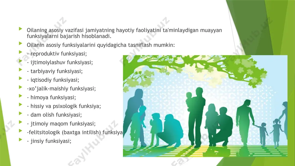 oy. hissiy va psixologik funksiyasi – bunda oila a’zolarini qo’llab-quvvatlash, xavfsizlik va psixologik qulay hisni yaratish, turliy hissiy holatlarning birgalikdagi tajribasi. ya’ni oila- insonning asosiy hissiy muhitini ifodalaydi, uni almashtirish qiyin. oilada ular his-tuyg’ularni qabul qilishni, berishni o’rganadilar, adaptatsiya jarayonlari ketadi. inson uchun yaxshi yaxshi funksiali oila bexatarlik, xavfsizlik, ijobiy his-tuyg’ular va munosabatlar rolini ifodalaydi va uninmg a’zolari ruhiy barqarorliginuchun zamin yaratadi. bola nuqtayi nazaridan, bu hissiy funksiya oilaning eng muhim va almashtirib bo’lmaydigan funksiyasidir. bolaning sog’lom rivojlanishi uchun avvalo, barqaror va mehribon muhit kerak. ushbu funksiyaning yetarlin darajada bajarilmasligi oilada bolalarning psixosotsial rivojlanishidagi deformatsiyalarga olib keladi, bu hissiy mahrumlik, umidsizlik, hatti-xarakatlarning buzulishi bilan namoyon bo’ladi. dam olish funksiyasi – bunda dam olishni tashkil etish va o’tkazish vazifalari bor. shuningdek bo’sh vaqtdan samarali foiydalanish ham. bunda oilaviy ovqatlanish yoki sayohatga chiqish, birgalikda o’yinlar o’ynash va boshqa alohida ozi sevgan mashg’ulotlarnin rejalashtirish va o’tkazishni nazarda tutishimiz mumkin. ijtimoiy maqom funksiyasi- bunda …