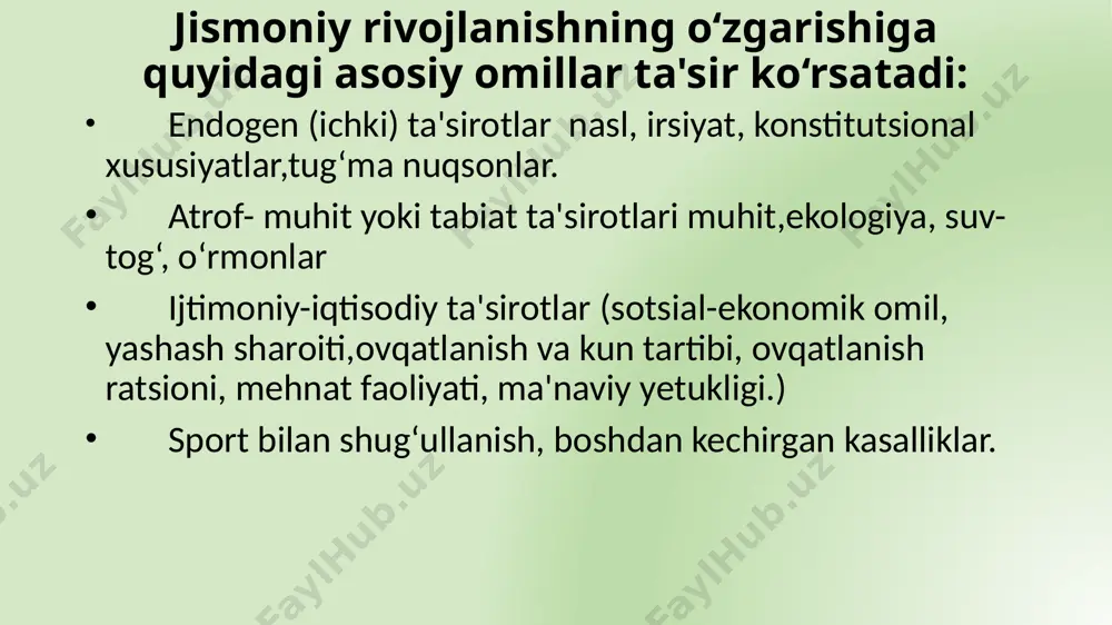 gi bo‘shliq kengligi, ya'ni o‘ng va chap son suyaklarining pastki bo‘rtgan qismlari o‘rtasidagi bo‘shliq o‘lchanadi. “x” simon oyoq shaklli “o” simon oyoq shaklli normal oyoq shaklli yassioyoqlikda tovon-kaft yuzasining gumbaz qismi kengayib, o'yiq (chuqur) qismining sathi kamayadi. ba'zida esa oyoq tovon-kaft yuzasining deyarli hamma sathini gumbaz qism egallaydi va tovon-kaft yuzasi tekis bo'lib qoladi. natijada tovon-kaftning ressorlik vazifasi buziladi. yassioyoqlilikning sabablari: 1.tug'ma sabablar. 2.hayotda orttirilgan: bolalik davrida raxit bilan kasallanish tufayli suyaklar rivojlanishidagi buzilishlar, uzoq vaqt poshnasiz poyafzal (shippak, keda, krassovka kabilar) da yurish; p l a n t o g r a f i y a oyoq holati quyidagi formula yordamida aniqlanadi: x = ln×100/mn e`tiboringiz uchun rahmat ! image1.jpeg image2.png image3.png image4.jpeg image5.png image6.jpeg image7.jpeg image8.png image9.png /docprops/thumbnail.jpeg