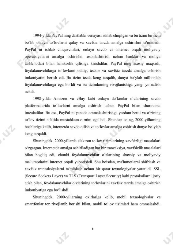 ar va moliya tashkilotlari, mobil banking va onlayn banking tizimlarida yangi imkoniyatlarni taqdim etish bilan birga, mobil to‘lovlarni amalga oshirishni yanada qulay va xavfsiz qilishni boshladilar. bu, o‘z navbatida, nafaqat yirik kompaniyalar uchun, balki kichik va o‘rta bizneslar uchun ham imkoniyatlar yaratdi. shuningdek, 2010-yillarda, raqamli valyutalar va kriptovalyutalar, masalan bitcoin va ethereum kabi blockchain texnologiyasiga asoslangan tizimlarning rivojlanishi bilan yangi o‘zgarishlar yuzaga keldi. kriptovalyutalar, an'anaviy bank tizimlari va to‘lov tizimlariga qarshi bir alternativ sifatida namoyon bo‘ldi. kriptovalyutalar orqali amalga oshiriladigan to‘lovlar, markazlashtirilgan bank tizimlaridan tashqari, tizimning mustaqil va xavfsiz ishlashini ta'minladi. bu texnologiya, asosan, tezkor va tranzaksiyalarning narxlarini kamaytirish bilan birga, yangi to‘lov tizimlari yaratishda ilhomlantiruvchi omil bo‘ldi. shu bilan birga, bugungi kunda click to‘lov tizimlari nafaqat to‘lovlarni amalga oshirishda, balki onlayn xarid qilish, mobil xizmatlar, o‘yinlar va boshqa ko‘plab sohalarda ham qo‘llanilmoqda. onlayn to‘lovlar, foydalanuvchilarga vaqtni tejash, cheklovlarni kamaytirish va geografik chegaralarni yengib o‘tish imkonini berdi. bu tizimlar, o‘z-o‘zidan, …