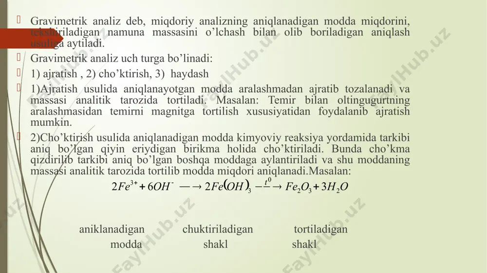 2cr2o7 ishlatilsa, uning molyar ekvivalent massa 294,2 : 6 = 49,03 g ga teng bo’ladi. cr2o72- ioni cr3+ioniga qadar qaytarilganda h+ ionlari ishtirok etadi. shuning uchun xromatometrik titrlashlar kislotali muhitda olib boriladi ekvivalent nuqtani aniqlashda bir tomchi ortiqcha k2cr2o7 eritmasi bilan ko’k rangga kiradigan oksidlanish-qaytarilish (red-oks) indikatori difenilamin ishlatiladi.(e = + 0,76 v) xromatometrik titrlash usulining afzalligi. 1. k2cr2o7ni toza holda olish oson. uning standart eritmasi aniq o’lchab olingan namunadan tayyorlanadi. 2. k2cr2o7 eritmasi juda barqaror, vaqt o’tishi bilan titri o’zgarmaydi. 3. distillangan suvga tushib qolgan organik moddalar ta`sirda k2cr2o7 qiyin qaytariladi. 4. k2cr2o7 bilan titrlashni past haroratda ham olib borish mumkin. 5. qaytaruvchilardan tashqari oksidlovchilarni ham (mn+7, mo+6, cu+2) miqdorini aniqlash mumkin. fe+2 ionlari ta`sirida oksidlovchilar biror tuzi ko’rinishida qaytarilib, ortiqcha fe+2 ioni k2cr2o7bilan titrlanadi. xromatometrik titrlash usulining kamchiliklari: 1. k2cr2o7 kmno4ga nisbatan kuchsiz oksidlovchi. 2. oksidlanish - qaytarilish reaksiyasi k2cr2o7 ta`sirida nisbatan sekin boradi. 3. indikatorsiz eritma rangini …