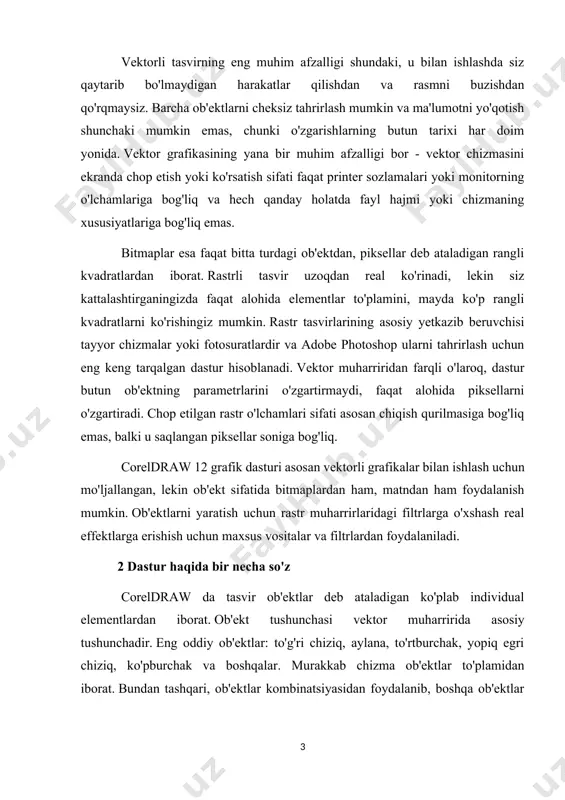 alanib, boshqa ob'ektlar yoki ob'ektlar guruhlarini yaratishingiz mumkin. ob'ektlarni guruhlarga birlashtirib, ular ustida alohida ob'ektlar bilan bir xil amallarni bajarishingiz mumkin. barcha ob'ektlar ma'lum miqdordagi maxsus nuqtalardan - tugunlardan iborat. ikki tugun orasidagi chiziq kesimi chiziq segmenti deb ataladi. tugun va segment sozlamalari ob'ektning ko'rinishi va konturini aniqlaydi. yopiq va ochiq zanjirlarni farqlang. yopiq yo'l ob'ekti ichidagi maydon rang, tekstura yoki naqsh bilan to'ldirilishi yoki to'ldirilishi mumkin. yo'li ochiq ob'ektlarga to'ldirishni qo'llash mumkin emas. ob'ektning konturining o'zi ham rang va qalinlikka ega. ob'ektni tahrirlash uchun avval uni tanlashingiz kerak. tanlanganda, ob'ekt atrofida markerlar deb ataladigan bir nechta qora kvadratlar paydo bo'ladi. tutqichlar ob'ekt hajmini o'zgartirish uchun ishlatilishi mumkin. dastur matn bilan ishlash uchun keng funksiyalarni taqdim etadi. o'rnatilgan funksiyalar nafaqat bezashni, balki matnni formatlash, shuningdek, sahifaning o'zboshimchalik bilan joyiga joylashtirish imkonini beradi. bundan tashqari, matn yoki matn bloki egri chiziqlar to'plamiga aylantirilishi mumkin, ya'ni siz grafik ob'ekt bilan bir xil …