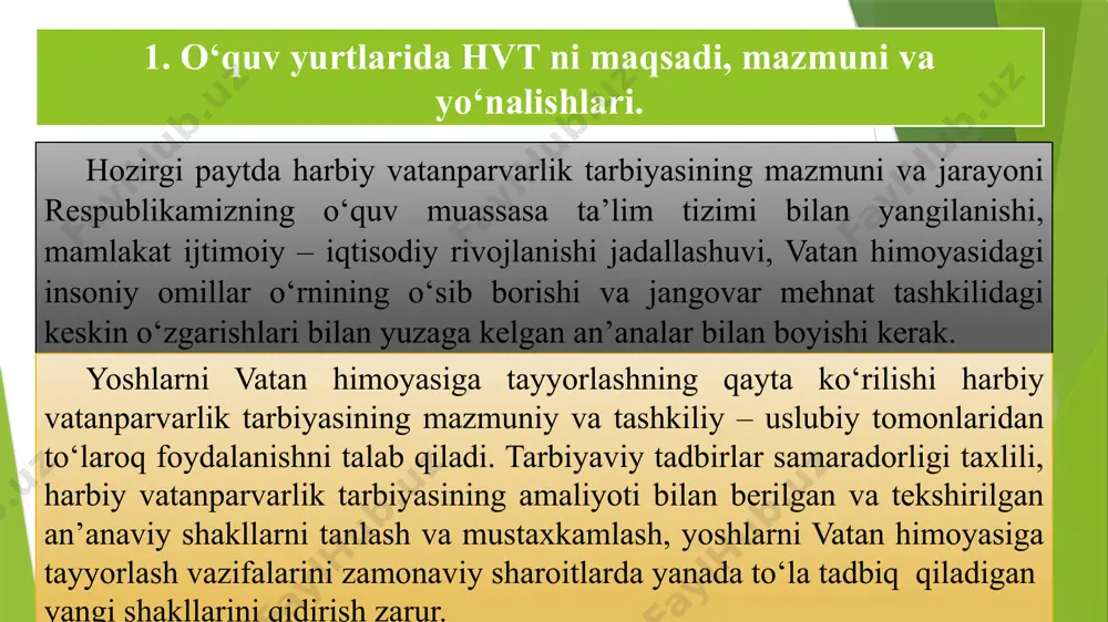 oki baliq ovlashga borganda ota onalarni jalb qilish kerak. bunda bolalarni joyni aniqlash, to‘siqlardan o‘tish va boshqaga o‘rgatish lozim. o‘qituvchilar barcha yuzaga keladigan savollar bo‘yicha ota onalarga maslahat berishi mumkin. oilaviy tarbiya o‘sib kelayotgan avlodda vatanga muhabbat hissini rivojlantirish, uning himoya, harbiy jasorat, harbiy kasbga muhabbat ahamiyati haqida to‘g‘ri tushuncha shakllanishiga katta ta’sir ko‘rsatadi. oiladagi vatan uchun kurashlarda halok bo‘lgan qarindoshlar xotirasiga bo‘lgan an’analarga hurmat, ularning jangovar mukofotlari, surat va esdaliklarini avaylab asrashning ahamiyati katta. vatanimiz qahramonona tarixi, o‘zbekiston respublikasi qurolli kuchlar jangovar yo‘li, armiya va flotdagi xizmati, jangovar harakatlardagi shaxsiy qatnashuvi haqidagi ota bobolar hikoyalari bolalarga katta tarbiyaviy ta’sir ko‘rsatadi, ota bobolari qaysi yillarda, frontda va qaysi mamlakat va shaharlarning ozodligi uchun kurashgan, baynalminal burchini bajarib, ota va katta akalarning afg‘onistonda qanday jang qilgani, qanday orden va medallar bilan taqdirlangani haqida bolalarning bilishi juda muhim. sinflarda “o‘zbekiston respublikasi konstitutsiyasi va vatan himoyasi”, “qurolli kuchlarda xizmat qilish - respublika har …
