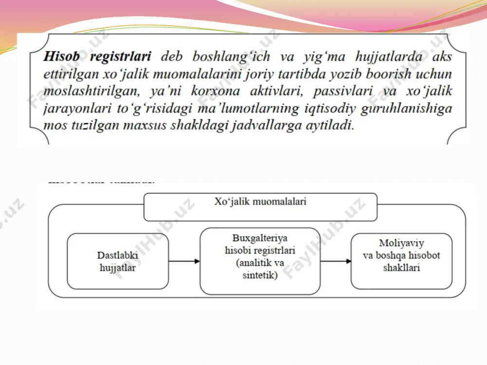 yuzaga chiqaradigan ma’lum tizimga aytiladi. registrlarning shakli va tuzilishi, sintetik va analitik hisob registrlarining o‘zaro xronologik va sistematik bog‘liqligi, yozuv ketmaketligi va bajarilish texnikasi buxgalteriya hisobining shaklini aniqlaydigan asosiy belgidir. hozirgi vaqtda qo‘llanilayotgan buxgalteriya hisobining asosiy shakllariga memorial-order, jurnal-order va avtomatlashtirilgan shakl-lari kiradi. shuningdek, kichik va o‘rta biznes korxonalarining shakl-lanishi va rivojlanishi natijasida ularning moliya-xo‘jalik faoliyatini aks ettiradigan buxgalteriya hisobining soddalashtirilgan shakli vujudga keldi. бухгалтерия ҳисобининг мемориал-ордер шакли. бухгалтерия ҳисобининг мемориаль-ордер шакли ҳозирги вақтда кам фойдаланиб асосан, кичик корхоналар ва давлат муассасаларида қўлланилади. «мемориаль» сўзининг маъноси «хотира ёки эсдалик» демакдир. мемориаль-ордер шакли асосида юритиладиган бухгалтерия ҳисоби шаклида ҳужжатлар қайта ишланиши ва ҳисоб регистирларида акс эттирилиши кетма-кетлиги келтирилган. ушбу бухгалтерия ҳисоб шаклини ўзига хос хусусияти шундаки, хўжалик жараёнларини ёзиш учун синтетик ва аналитик ҳисоб учун махсус жамғарма оборот (айланма) ведомостлардан фойдаланади. image2.wmf image3.png image4.png image5.jpeg image6.png image7.png image8.png image9.png image10.png image11.png image12.png image13.png image14.png image15.png image16.png image17.png image18.png image19.png /docprops/thumbnail.jpeg