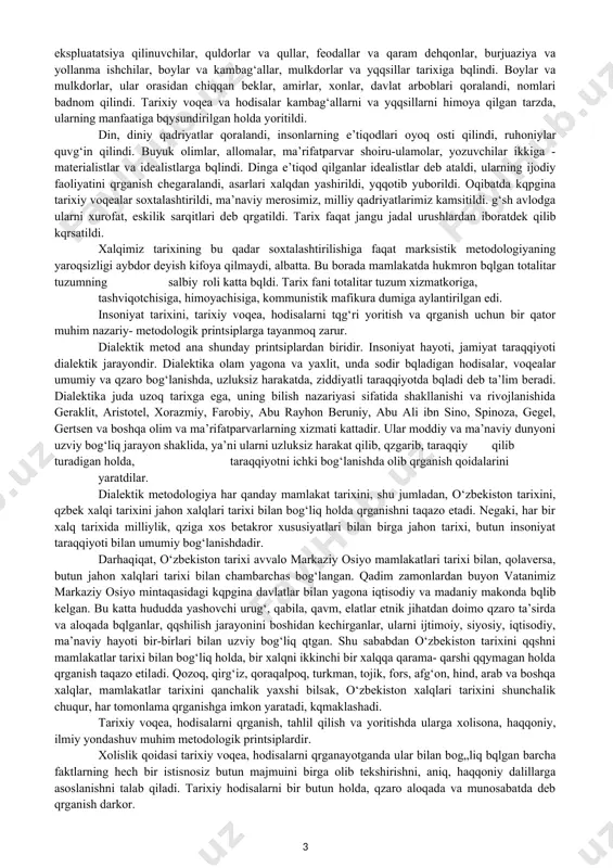 avlatchiligi rivojida eng yuksak darajaga kqtarilgani jahonga madum. vatanimiz tarixi qzbek xalqining jahon tarixi va madaniyati xazinasiga ulkan hissa qqshganligidan guvohlik beradi. buyuk bobolarimiz - al-xorazmiy, farobiy, al-farg„oniy, ibn sino, beruniy, al-buxoriy, at-termiziy, bahouddin naqshband, ahmad yassaviy, amirtemur, mirzo ulug„bek, alisher navoiy, bobur va boshqa yuzlab allomalarimiz bilan nafaqat qzbeklar, butun turk dunyosi, qolaversa, butun er yuzi xalqlari faxrlanmoqdalar. ajdodlarimiz barpo etgan samarqand, buxoro, xiva kabi kqhna shaharlar bugungi kunda jahon miqyosidagi ziyoratgohiga aylangan. o’zbekistonga tashrif buyurayotgan xorijiy davlat va jamoat arboblari, ziyoratchilar bu shaharlarni, ulardagi ajoyib tarixiy, milliy me’morchilik majmualari va yodgorliklarni kqrib, ularda mujassamlashgan xalq ustalarining iste’dodi va yuksak badiiy mahoratiga qoyil qolib, ularga tahsinlar qqimoqdalar, tazim qilmoqdalar. muqaddas erimiz orqali qtgan buyuk ipak yqli osiyo va evropadagi xalqlar va mamlakatlarni bir-biriga bog„lab turgan, xalqaro hamkorlikka xizmat qilgan. ana shunday qadimiy va buyuk mamlakat tarixini, tabarruk zaminimizda necha-necha ming yillar davomida yashab, kurashib, ijod qilib kelayotgan xalqimiz qtmishini …