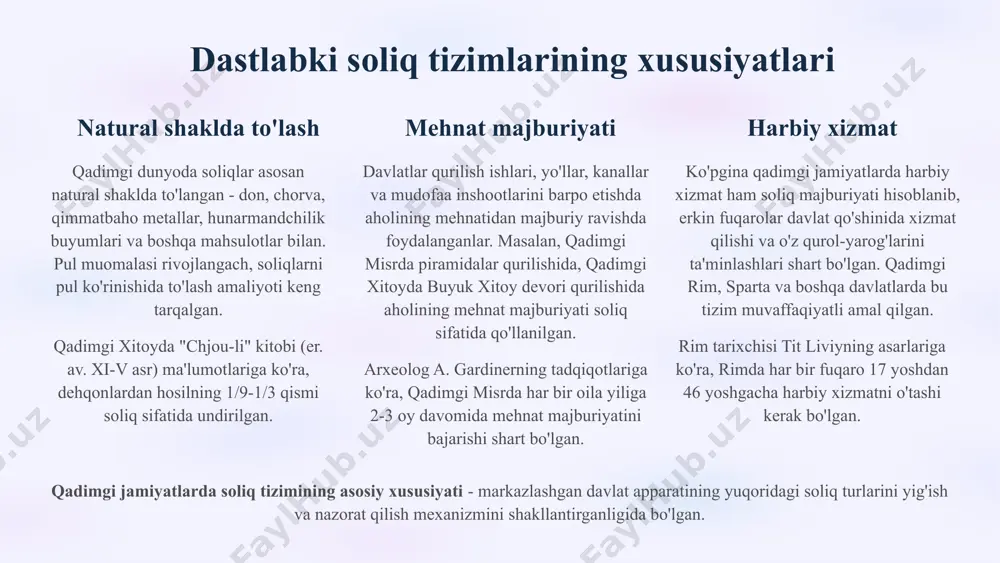 ularning o'rta asr jamiyatidagi o'rni desyatina (tithe) o'rta asrlarda eng keng tarqalgan cherkov solig'i - aholi daromadi yoki hosilning 1/10 qismini cherkovga berish majburiyati. bu soliq dastlab ixtiyoriy bo'lsa-da, keyinchalik majburiy to'lovga aylangan. arxiv hujjatlariga ko'ra, desyatina viii asrda franklar qiroli pipin kichik davrida majburiy soliqqa aylangan. petropens (peter's pence) ingliz-sakson podsholiklarida joriy etilgan, har bir oiladan rimdagi papaga to'lanadigan yillik to'lov. keyinchalik boshqa yevropa mamlakatlariga ham tarqalgan. x asrdan boshlab muntazam undirilgan va xvi asrdagi reformatsiyagacha davom etgan. indulgentsiya solig'i gunohlarni kechirilishi uchun cherkovga to'lanadigan maxsus to'lov. xv-xvi asrlarda keng tarqalgan bu amaliyot martin lyuterning reformatsiyasiga sabab bo'lgan omillardan biri bo'lgan. tarixiy manbalarga ko'ra, rim papasi leo x davridagi (1513-1521) indulgentsiyalar savdosi cherkov daromadining muhim qismini tashkil etgan. tarixchi le goff o'zining "o'rta asr tsivilizatsiyasi" asarida ta'kidlashicha, "cherkov soliqlari o'rta asr jamiyatining iqtisodiy asosini tashkil etib, bu daromadlar cherkov va monastirlarni qurish, ta'lim muassasalari va kasalxonalarni moliyalashtirish uchun xizmat …
