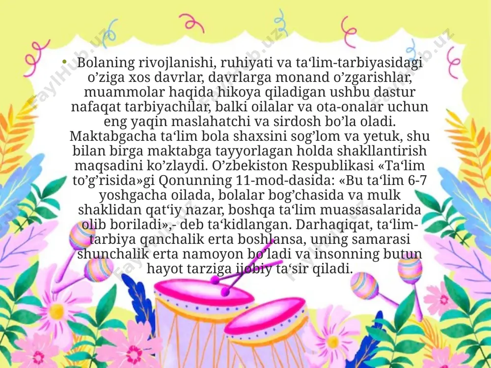 rivojlantirish; 5. umumiy va maxsus motorikani rivojlantirish; 6. so‘zlarni xarakatlar bilan to‘g‘ri ishlay olish; 7. intonasiya va shu registrlar ustida ishlash; 8. o‘yinlar. yuqorida ko‘rsatilgan tavsiyalar mashg‘ulot jarayonida o‘z samarasini beradi. bolalarning musiqa tafakkurini rivojlantiradi. idroki va hissiyotini tarbiyalaydi. maktabgacha yoshdagi bolalar yorqin va quvnoq ranglarni xush ko‘radilar, ularda bu orqali quvnoqlik hissiyotlari rivojlanib boradi. o‘quv materiali murakkabligiga ko‘ra xilma – xildir: ko‘proq aqliy faoliyatni, diqqatni talab qiladigan vazifalarni mashg‘ulotlar boshida berish kerak. kuylashdan oldin murakkab jismoniy mashqlarni berish mumkin emas, chunki bunday mashqlar bolalarni nafas olishlarini qiyinlashtiradi. amaliyotga ko‘ra faoliyat turlarini quyidagicha berish maqsadga muvofiq. mashg‘ulot boshida kichik musiqiy – ritmik mashqlar, ular birorta raqs elementlari ham bo‘lishi mumkin. bunday harakatlar bola diqqatini jamlaydi. ritmik mashqlardan so‘ng bolalar o‘tiradilar va musiqa tinglaydilar. keyin esa qo‘shiq kuylashga o‘tadilar. bolalar bir mashq davomida 2 – 3 ta qo‘shiq kuylashadi. masalan, marsh, raqs, qo‘shiq jarayonida musiqa savodidan xabardor bo‘ladilar. bunday mashg‘ulotlar “mavzuli …