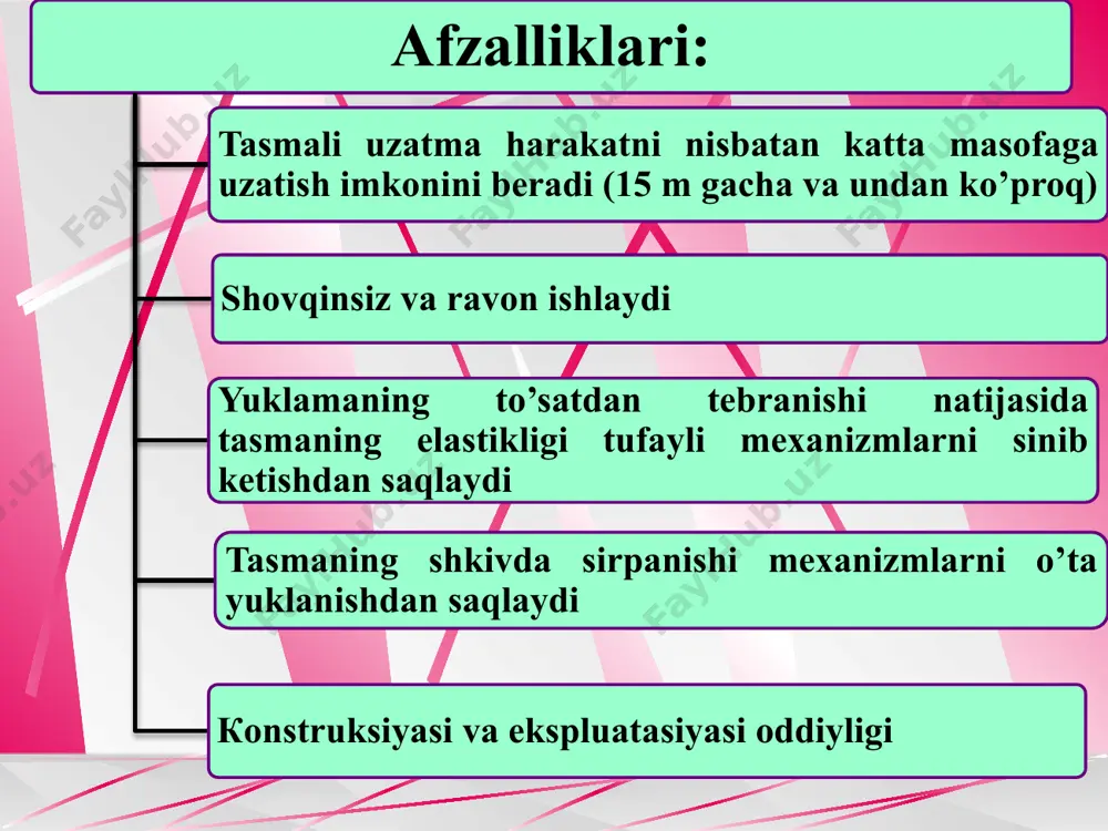 al yeyiladi. pog’onali shkivli rostlanadigan uzatma (8-rasm, d) uzatish nisbatini rostlash talab qilinganda qo’llaniladi. taranglovchi rolikli uzatma kichik o’qlararo masofada va yuqori uzatishlar nisbatida qo’llaniladi. mashinasozlikda tasmalarning quyidagi turlari ishlatiladi: charm tasmalar yaxshi tortish qobilyati va yuqori umrboqiylikka ega bo’lib, yuklamaning tebranishini yaxshi o’tkazadi. charm tasmalarning tannarxi yuqoriligi va kamyobligi uning qo’llanilishini sezilarli chegaralaydi. charm tasmalarning mustahkamlik chegarasi σm =200-250 mpa ni tashkil etadi. 8-rasm. yassi tasmali uzatmalar turlari rezinalangan tasmalar vulkanizasiyalangan rezinalar yordamida bir-biriga yopishtirilgan bir necha qavat gazlamadan tuzilgan. tasmaning gazlama qismi asosiy kuchlanishda ishlaydi, rezina esa gazlama qavatlarini bir butun qilib yopishtiradi va zarur ishqalanish koeffisientini hamda egiluvchanlikni ta’minlaydi. tasmadagi gazlama qavatlari soni 2-9 ta bo’lishi mumkin. bu turdagi tasmalarning kamchiligi shuki, ular yog’, kerosin, benzin kabi moddalarga uncha bardosh bera olmaydi, shuning uchun ular bu moddalardan albatta saqlanishi kerak. bundan tashqari, ularni kichik diametrli shkivlarda ishlatib bo’lmaydi, chunki bunday hollarda qavatlarning ajralib ketishi mumkin. rezinalangan tasmalarning …