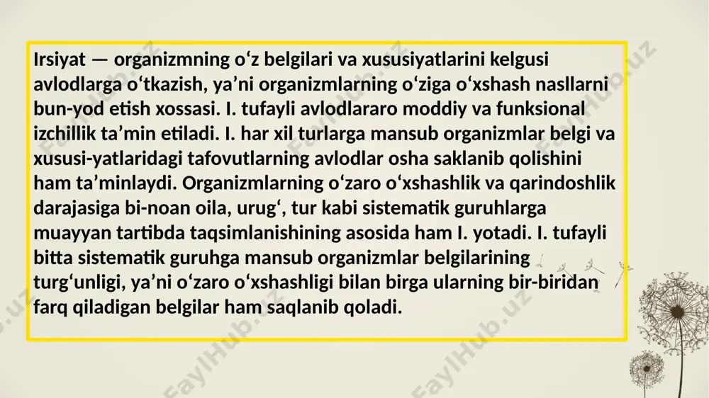 da golland botanik gyugo de vries tomonidan kiritilgan. zamonaviy tushunchalarga ko'ra, mutatsiyalar - bu organizmning ma'lum fenotipik xususiyatlari va xususiyatlarining o'zgarishiga olib keladigan irsiy materialdagi to'satdan tabiiy yoki sun'iy ravishda kelib chiqadigan irsiy o'zgarishlar. xromosoma mutatsiyalari mutatsiya (lotincha mutatio — oʻzgarish) — tashqi yoki ichki muhit taʼsirida yuzaga keladigan doimiy (yaʼni maʼlum hujayra yoki organizmning avlodlari tomonidan meros boʻlib oʻtishi mumkin boʻlgan) genotipning oʻzgarishi. mutatsiyalar jarayoni mutagenez deb ataladi. mutatsiyalar spontan va induktsiyalarga bo'linadi. spontan mutatsiyalar organizmning hayoti davomida normal atrof-muhit sharoitida o'z-o'zidan sodir bo'ladi, chastotasi har bir hujayra avlodiga har bir nukleotid uchun taxminan 10-9-10-12. gen mutatsiyasi gen mutatsiyasi molekular darajada ro‘y beradi. gen mutatsiyasi ko‘p hollarda fenotipda yangi belgini rivojlantiradi. gen mutatsiyalari nukleotidlarning soni ortishi, o‘rin almashishi bilan kechadi. dnkdagi nukleotidlarning o‘rin almashishi ikki xil: image2.png image3.jpeg image4.jpeg image5.jpeg image6.jpeg image1.png