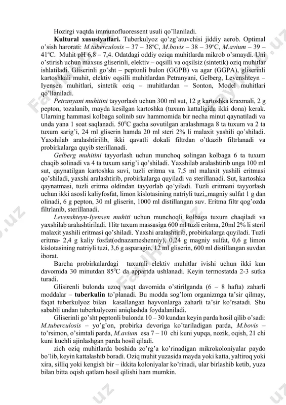fiksasiya qilingan surtmaga filtr qog’ozi ustidan karbolli sil fuksini bo’yog’i quyiladi. bug’ hosil bo’lguncha qizdiriladi, 2- 3 minutdan keyin surtma sovugach qog’oz olib tashlanib suv bilan yuviladi; 2. 5 -10 % li sulfat kislotasi yoki 3 % xlorid kislotasi bilan 3 - 5 sekund davomida rangsizlantiriladi. 3. surtma yaxshilab suv bilan yuviladi. 4. 96o spirt bilan 3 - 5 sekund qo’shimcha rangsizlantiriladi. 5. yana suv bilan yuviladi. 6. 3 - 5 minut leffler metilen ko’ki yoki 1:1000 malaxit ko’ki bilan bo’yaladi. 7. preparat suvda yuvilib, havoda quritiladi. mikroskopiya – tuberkulyoz tayoqchalari qizil rangda bo’ladi. qobig’ining gidrofobligi tufayli mikobakteriyalarni gram usulida bo’yash uchun o’zgartirilgan gramm-mux usulidan foydalaniladi. surtmalar karbolli metilviolet bilan bug’ hosil bo’lguncha qizdiriladi. bo’yoqni to’kib tashlab, ustiga lyugol eritmasi quyiladi. keyin uni navbati bilan rangsizlantiriladi- 5% azot kislotasi, 3% li xlorid kislota, aseton va alkogol aralashmasi bilan. nihoyat, safranin yoki suyultirilgan fuksin bilan qo’shimcha bo’yaladi. mikroskopda qizil fonda ko’k …
