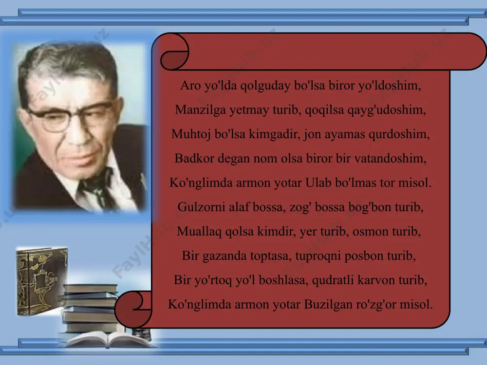 aymonning yuqoridagi ikki she'ri tahlili tajribasiga suyangan holda, navbatdagi she'rlarini o'zingiz mustaqil tahlil qilishga urining. bunda she'rlar uchun berilgan savol va topshiriqlarning har biriga alohida diqqat qilish yaxshi samara beradi. tavallo nelardandir ko'ngil bo'lib g'ash, xam egilib, bu egilmas bosh, ko'zlarimda qalqib tursa yosh, bu holimga berolmay bardosh, bir mushtipar onam yig'laydir, qolganlari yolg'on yig'laydir. qaytar bo'lsam quruq qo'l ovdan, qora qozon qolsa qaynovdan, ham ayrilib o'lja, ulovdan, qarzga botar bo'lsam birovdan, taskin berib onam yig'laydir, qolganlari yolg'on yig'laydir. birda haqdin, birda nohaqdin, jabr ko'rsam bir betavfiqdin, ortda tursam qalbi quroqdin, qadrim xarob bo'lsa tuproqdin, ohlar urib onam yig'laydir, qolganlari yolg'on yig'laydir. og'a-ini o'rtasida gap... alhol, kelib chiqsa ixtilof, biri izzat, biri mulk talab, - bu oq sutim, mehrimga xilof, - deya sho'rlik onam yig'laydir, qolganlari yolg'on yig'laydir. sinalmoqning gali kelganda, nogoh mag'lub bo'lsam maydonda, nomim qolmas bo'lsa jahonda, kim do'st-dushman bilinar onda ahvolimga onam yig'laydir, qolganlari yolg'on yig'laydir. g'anim …