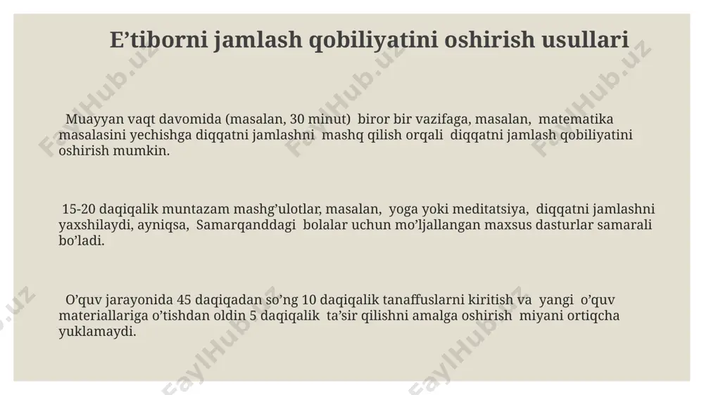 ekanligi aniqlangan. oʻsmirlarda eʼtiborni jamlash qobiliyatiga 12-15 yosh oraligʻida gormonal oʻzgarishlar sezilarli darajada taʼsir koʻrsatadi, bu esa diqqatni jamlashda qiyinchiliklarga olib kelishi mumkin, ayniqsa, aqsh tadqiqotlariga koʻra. uyda 3 dan ortiq televizor mavjud boʻlgan oilada tarbiyalanayotgan oʻsmirlarning eʼtiborini jamlash qobiliyatida 15% ga pasayish kuzatilgan, bu esa tokio universiteti tadqiqotchilari tomonidan tasdiqlangan. sogʻlom turmush tarzi va eʼtibor jismoniy faollik, masalan, haftada kamida 3 marta 30 daqiqalik mashqlar, masalan, toshkentdagi sport majmualarida yugurish yoki suzish, oʻsmirlarning stress darajasini pasaytirib, eʼtiborni jamlashni yaxshilaydi. yetarlicha uyqu, yaʼni 8-10 soatlik sifatli uyqu, oʻsmirlarning kognitiv funksiyalarini, jumladan, xotira va eʼtiborni yaxshilashda muhim rol oʻynaydi. amerika uyqu assotsiatsiyasi maʼlumotlariga koʻra, uyqu yetishmasligi eʼtiborni sezilarli darajada pasaytiradi. sogʻlom ovqatlanish, yaʼni kuniga kamida 5 turdagi meva va sabzavot isteʼmol qilish, 12-18 yoshdagi oʻsmirlarning miya faoliyatini yaxshilab, diqqatini jamlash qobiliyatini 20% ga oshirishi mumkin, degan tadqiqotlar mavjud. e'tiboringiz uchun rahmat @taqdimot_robot