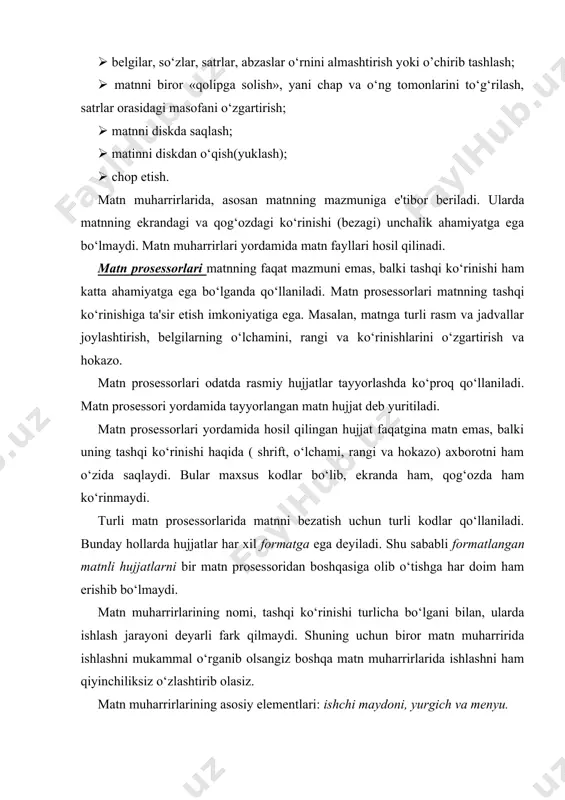 ash jarayoni deyarli fark qilmaydi. shuning uchun biror matn muharririda ishlashni mukammal o‘rganib olsangiz boshqa matn muharrirlarida ishlashni ham qiyinchiliksiz o‘zlashtirib olasiz. matn muharrirlarining asosiy elementlari: ishchi maydoni, yurgich va menyu. ishchi maydoni. matn muharriri kompyuter ekranida «ishchi maydoni» deb ataladigan maxsus joy ajratadi. ishchi maydoni matn yozish uchun sahifa vazifasini bajaradi. kiritilayotgan matn ishchi maydonida aks ettirilib boriladi. yurgich(kursor). klaviaturadan kiritilayotgan belgi ishchi maydonining qayirida aks etishini ko‘rsatib turadi. odatda, gorizontal yoki vertikal chiziqcha ko’rinishida bo‘ladi. menyu. maxsus buyruqlar va amallar majmui menyu deb ataladi. ular yordamida asosan matnlarni diskdan o‘qish, chop etish kabi ishlar amalga oshiriladi. yurgich v ishchi maydoning ko‘rinishi matn muharriri ishiga deyarli ta'sir ko‘rsatmaydi. ular turli matn muxarrirlarida biroz farq qilishi mumkin. grafik muharrirlari shakllar, rasmlar, fotosuratlar kabi grafik ma‘lumotlarni qayta ishlashga mo‘ljallangan dasturdir. deyarli barcha grafik muharrirlari quyidagi asosiy vazifalarni bajaradi: ( yangi shakl hosil qilish; ( shaklni qurish va tahrir qilish; ( shakllarni …