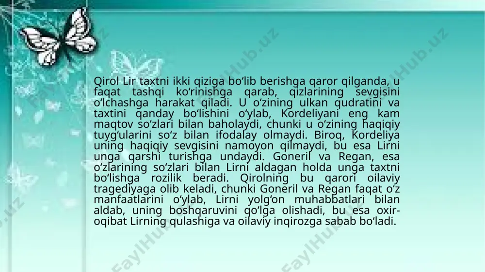 efoyda bo‘ladi, chunki uning xatolari juda katta va ortga qaytish mumkin emas. lirning o‘z xatolarini anglash jarayoni uning ichki inqirozini yanada chuqurlashtiradi. o‘zining taxtni bo‘lish qarorining noto‘g‘riligini va qizlari goneril va reganning yolg‘on muhabbatini tushunib yetadi. kordeliyani ishonchsiz deb baholaganida, lir aslida uni eng sadoqatli va haqiqiy qiz ekanligini anglamadi. bu xatolar uning ruhiy holatiga ta’sir ko‘rsatib, jiddiy iztirobga olib keladi. lir o‘zining qizlari tomonidan xiyonatga uchraganini va shunchaki taxtni emas, balki o‘zi uchun eng muhim narsani, ya’ni oilaviy ishonchni yo‘qotganini anglab yetadi. uning anglash jarayoni uni ko‘plab ichki tortishuvlarga olib keladi. lir, o‘z xatolarining oqibatlarini tuzatish uchun qizlari bilan to‘qnashadi, ammo bu harakatlar faqat yanada chuqurroq inqirozga olib keladi. u o‘zining inqirozini hal etishga urinayotganida, nafaqat qirollikni, balki insoniy qadriyatlarni ham yo‘qotganini tushunadi. lir o‘z xatolarini anglaganida, uning ruhiy holati yanada chuqurlashadi va u o‘zining qirollikdagi o‘rnini va oilaviy rishtalarini to‘liq yo‘qotganini his qiladi. taxtni ikki qiziga bo‘lib berish …
