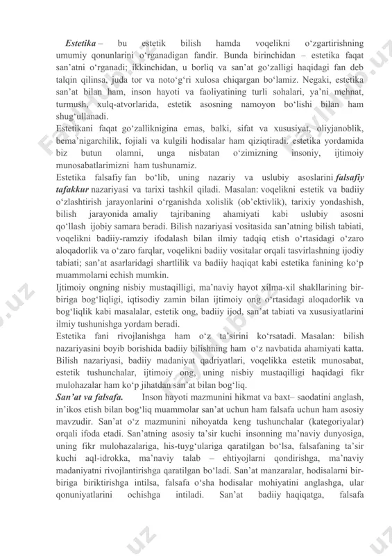 t qudratiga tahsinlar aytamiz. nafosat va go‘zallik olami shu qadar xilma-xil, rang-barang, jozibali, ehtirosli, mo‘‘jizali, sehrliki, unda moddiy go‘zallik bilan ma’naviy go‘zallik uyg‘un holda chiroy ochib turadi. insonning nafosat olamini anglashga intilishi atrof voqelikni anglashga intilishi bilan chambarchas bog‘liqdir. inson moddiy go‘zallik dunyosini bunyod etishi jarayonida ma’naviy go‘zallikni ham kashf eta borgan, ya’ni nafosat olamining yaratilishi jarayoni uni anglash, mushohada etish jarayoni bilan uyg‘unlikda sodir bo‘lgan. estetika – bu estetik bilish hamda voqelikni o‘zgartirishning umumiy qonunlarini o‘rganadigan fandir. bunda birinchidan – estetika faqat san’atni o‘rganadi; ikkinchidan, u borliq va san’at go‘zalligi haqidagi fan deb talqin qilinsa, juda tor va noto‘g‘ri xulosa chiqargan bo‘lamiz. negaki, estetika san’at bilan ham, inson hayoti va faoliyatining turli sohalari, ya’ni mehnat, turmush, xulq-atvorlarida, estetik asosning namoyon bo‘lishi bilan ham shug‘ullanadi. estetikani faqat go‘zalliknigina emas, balki, sifat va xususiyat, oliyjanoblik, bema’nigarchilik, fojiali va kulgili hodisalar ham qiziqtiradi. estetika yordamida biz butun olamni, unga nisbatan o‘zimizning insoniy, …