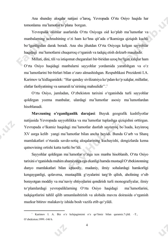 ilari bilan o‘zaro qiyoslasb o‘rgangan holda mavzu doirasida xulosalar berishdan iboratdir. bmining nazariy-uslubiy asosi: o’zbekiston respublikasi prezidenti i.a.karimovning o’zbekiston tarixini rivojlantirishga doir bildirgan ko’rsatmalari asosiy nazariy-uslubiy asos bo’lib xizmat qildi. shuningdek, ishni bayon qilishda tarix fanining ketma-ketlilik, xolislik, haqqoniylik, uzviylik kabi tamoyillari muhim nazariy-metodologik asos bo’lib hisoblanadi. bundan tashqari ishni yozishda, tarixiy voqea va hodisalarga baho berishda milliy istiqlol g’oyasiga tayangan holda yondashildi. ishning ilmiy yangiligi: bitiruv malakaviy ishida yevropa sayyohlarining o‘rta osiyo haqidagi tarixiy ma’lumotlarini xv-xix asrlardagi tarixi o‘rta osiyoga oid tarixiy-sayyohlik kundaliklari, tarixiy kartalar va turli adabiyotlar asosida ilk bor taxlil qilindi. ularning o‘rta osiyo tarixini o‘rganishdagi ahamiyati ilk bor, umumlashtirildi. yevropada o‘rta osiyoning tarixiga oid ma’lumotlarni qamrab olgan barcha tadqiqot ishlari va ularning natijalari tarixiy davriylik jihatdan jamlangan holda, xolisona yondashuv asosida o‘rganildi. ularning o‘rganilish natijalariga konseptual nuqtai nazardan yondashilgan holda yangicha xulosalar berishga harakat qilindi. bitiruv malakaviy ishida o‘rta osiyoning sayyohlar tomonidan tuplangan ma’lumotlarning shakllanishi va …