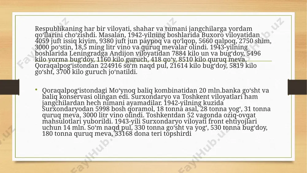 chun 350 traktor, 200 avtomashina, 50 kombayn, 1500 omoch berildi. stavropol oʻlkasiga 1142 traktor, 400 seyalka 1142 nafar agronom va haydovchisi bilan joʻnatildi. ozod qilingan joylarga surxondaryo, qashqadaryo va buxoro viloyatlari 50 ming bosh qoʻy va 190 ming bosh qoramol yuborgan. shuningdek, nemis-fashistlaridan tozalangan respublika va viloyatlarga 1944-yili 100 000 kitob sovgʻa qilingan edi. 1943–44 yillarda ozod qilingan yerlarga oʻzbekistondan 13 000 dan ortiq temiryoʻl mutaxassisi, hunar bilim yurtlaridan 15 000 yosh yigit sobiq leningrad, kiyev va dunayga yoʻl oldi. oʻzbekiston sanoat sohasida ham katta ishlarni amalga oshirib, rossiya, ukraina va boshqa joylardan koʻchirib keltirilgan oʻnlab korxonalarni joylashtirib, ularning ishchi-xizmatchilarini boshpana va oziq-ovqat bilan taʼminladi. oʻzbekistonda harbiy sohada ham beqiyos ishlar amalga oshirildi. xususan, respublikada 15 diviziya va brigada tuzilib, ularda oʻzbeklar salmoqli oʻrinni egalladilar. oʻsha harbiy qismlardan tashqari oʻn minglab navqiron yigit harakatdagi armiya saflariga yuborildi. toshkentdagi harbiy bilim yurtlari front uchun bir necha ming komandir va siyosiy xodimlarni …