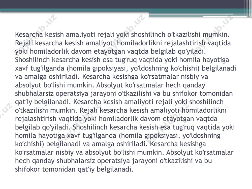 rlanishi kerakligidir. operatsiya vaqti koʻpincha kunning birinchi yarmiga belgilanadi, ayol kamida 18 soat davomida ovqatlanmasligi kerak. operatsiyadan oldin tozalovchi huqna qilinadi, tuklar tozalanadi va ayol operatsiyaga tayyor boʻladi. jarrohlik amaliyotidan avval anesteziya qilinadi, siydik pufagiga katetr qoʻyiladi, qorin terisi antiseptik vositalar bilan qayta ishlanadi. kesarcha kesishda anesteziya hozirgi kunda anesteziyaning 2 turi mavjud: epidural anesteziya va umumiy anesteziya. epidural anesteziyada ingicha naycha igna orqali umurtqa kanali va orqa miya pardasi oraligʻiga joylashtiriladi. bu albatta juda qoʻrqinchli eshitilishi mumkin, ammo bemor faqatgina igna teshib kirayotgan vaqtdagi biroz noqulaylikni his etadi xolos. soʻngra bemorda anestetik vosita yuborilgach tananing pastki qismlarida ogʻriq va taktil sezgini umuman sezmaydi. umumiy narkoz – bu anesteziya epidural anesteziya taʼsirini kutib turishga imkon boʻlmagan holatlarda, yaʼni shoshilinch holatlarda oʻtkaziladi. bunda vena ichiga narkotik preparat yuboriladi, keyin intubatsiya qilinadi va bemor butunlay uyquga ketadi. operatsiya anesteziya oʻtkazilgandan soʻng operatsiya boshlanadi. avvaliga qorin devori kesiladi. bunda 2 xil usul mavjud: …