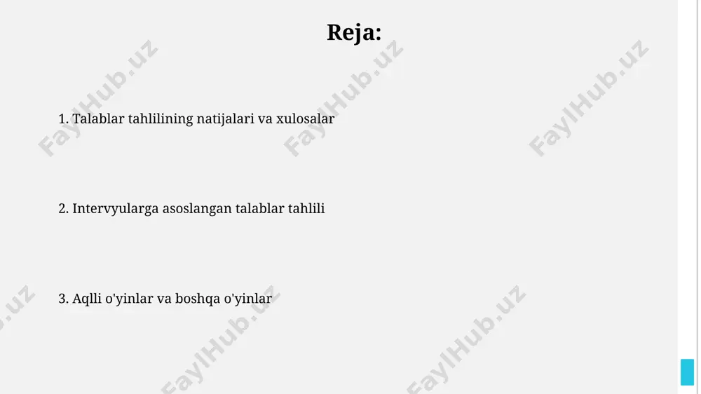 aniqlash usullari samarqand viloyatida o'tkazilgan 30 ta chuqur intervyu natijalarida, foydalanuvchilarning 65% i mahsulot sifati va ishonchliligini yuqori baholaydilar, shuningdek, texnik yordamning tezkorligi muhim ahamiyatga ega ekanligini ta'kidlashdi. survaylar va 250 ta telefon intervyulari natijalariga asosan, andijon hududida iste'molchilarning 80% narx va sifat nisbatini muhim omil sifatida qayd etishdi, bu esa narxlash strategiyasini qayta ko'rib chiqish zaruratini ko'rsatadi. foydalanuvchilarning ehtiyojlari va talablari 2022 йилда ўтказилган сўровнома натижаларига кўра, тошкент шаҳридаги 500 дан ортиқ фойдаланувчиларнинг 70%и мобил иловалардаги тезкорлик ва ишончлилигини юқори баҳолаган. андижон вилоятида ўтказилган 150 та суҳбат давомида фойдаланувчиларнинг 35%и маҳаллийлаштирилган интерфейсни, 20%и эса кўпроқ шахсийлаштириш имкониятларини талаб қилган. o'yin dizayni va talablar muvofiqligi andijon viloyatida o'tkazilgan tadqiqotlar natijalariga ko'ra, o'yinning murakkabligi va foydalanuvchilarning ko'nikmalar darajasi o'rtasidagi mos kelmaslik 5% dan kam bo'lib, 95% foydalanuvchi o'yinni o'rganishda qiyinchiliklarga duch kelmagan. samarqandda o'tkazilgan 15 ta intervyu shuni ko'rsatdiki, o'yin interfeysi dizayni va uning intuitivligi o'rtasidagi moslik koeffitsiyenti 0.9 ga teng, …
