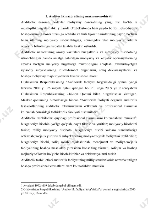 tlar ko’rsatish borasidagi tadbirkorlik faoliyati tushuniladi”. [1: avvalgisi 1992 yil 9 dekabrda qabul qilingan edi. ] auditorlik tashkilotlari quyidagi professional xizmatlarini ko’rsatishlari mumkin[footnoteref:2]: buxgalteriya hisobini yo’lga qo’yish, qayta tiklash va yuritish; moliyaviy hisobotni tuzish; milliy moliyaviy hisobotni buxgalteriya hisobi xalqaro standartlariga o’tkazish; xo’jalik yurituvchi subyektlarning moliya-xo’jalik faoliyatini taxlil qilish; buxgalteriya hisobi, soliq solish, rejalashtirish, menejment va moliya-xo’jalik faoliyatining boshqa masalalari yuzasidan konsalting xizmati; soliqlar va boshqa majburiy to’lovlar bo’yicha hisob-kitoblar va deklarasiyalarni tuzish. [2: o’zbektiston respublikasining “auditorlik faoliyati to’g’risida”gi qonuni yangi tahrirda 2000 yil 26 may, 17-modda ] auditorlik tashkilotlari auditorlik faoliyatining milliy standartlarida nazarda tutilgan boshqa professional xizmatlarni xam ko’rsatishlari mumkin. auditorlik faoliyatining asosiy prinsiplari musta q illik erkinlik xolislik professional malakalilik maxfiylik 1-rasm. auditorlik faoliyatining asosiy prinsiplari o’zbekiston respublikasining auditorlik faoliyati to’g’risidagi qonunini amalga oshirish, auditorlik tekshiruvlarining roli va maqomini belgilash, soliq va boshqa nazorat organlari tomonidan auditorlik xulosalari hisobini yuritishni ta’minlash maqsadida so’nggi vaqtlarda bizning mamlakatimizda auditorlik …