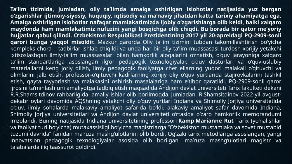 og uchun imkoniyatlar hisoblanadi. oliy pedagogik ta’limni ko‘p bosqichli mazmuni bizning sharoitimizda ikki darajali model: ­ umumiy (bazaviy-bakalaviriat va to‘liq (magistratura) ko‘rinishida amalga oshirilib, har biri o‘ziga avtonom hisoblanadi; ­ yaxlit tizim ko‘rinishiga ega; ­ bozor iqtisodiyoti talablariga to‘la javob beradi; ­ ta’limni ko‘pgina yo‘llari orqali egallash imkonini beradi; ­ o‘qiyotganlarni akademik va kasbiy yo‘naltirishga rag‘batlantiradi; ­ o‘z-o‘zini anglash, uning qimmatli yo‘nalishlarini va hayot tarzini belgilash asosida shaxs rivojlanishi uchun imkoniyatlar yaratib beradi. jamiyatimizda iqtisodiy-ijtimoiy, siyosiy, madaniy sohalarda bo‘layotgan o‘zgarishlar kelajakda mamlakatimizning intellektual imkoniyatlarini belgilab beruvchi va uni rivojlantirishning asosiy sharti hisoblangan ta’lim tizimiga ham bog‘liq ekanligini xisobga olish kerak. shu bilan birga intellektual salohiyatning o‘sishi, sifat darajasida rivojlantirish nafaqat ta’lim samaradorligining oshishiga, shu sohadagi tizim takomillashuviga o‘z ta’sirini o‘tkazibgina qolmay, balki mazkur ijtimoiy tizimning barcha sohalarini o‘sishiga ham sezilarli darajada ta’sir etadi. shuning uchun ham bugungi kunda ta’limdagi strategik yo‘nalishlardan biri ta’lim muassasalarining innovatsion faoliyati asosiy omil sifatida belgilab …