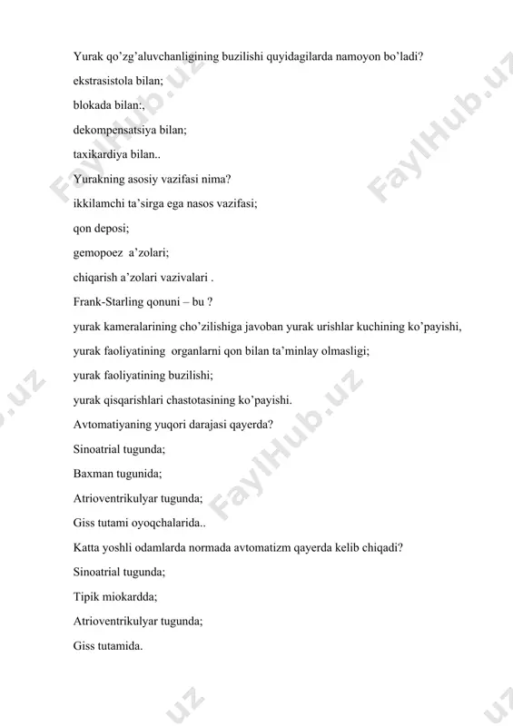 ishi; depolyarizatsiya fazasi. hp da yuqori cho’qqining borligi. qorinchalarning bajaradigan vazifasi nima? qon aylanish doiralariga qonni haydash; qorinchalarga qonning qayta so’rilishi; bo’lmalar uchun gidrodinamik bosim; yurak bo’ylab qonning bir tomonlama harakatlanishi. endokard vazifasini ko’rsating? klapanlar hosil qiladi, yurak ishi vaqtida ishqalanishni yumshatadi:, yurak tomirlari orqali qon oqishini boshqaradi; bo’lmachalar va qorinchalarning nasos faoliyatini ta’minlaydi. yurakda “bor yoki yo’q” qonunining mohiyati? qisqarishlar kuchining ta’sir kuchiga bog’liq emasligi; qisqarishlar kuchining ta’sir kuchiga bog’liqligi; qisqarishlar kuchining ta’sirot chastotasiga bog’liq emasligi; qisqarishlar kuchi va mushak tolalari uzunligi o’rtasidagi bog’liqligi. purkinye tolalarida qo’zg’alisnning o’tish tezligi qanchani tashkil qiladi? 2 – 4 м/сек. 0,05 м/ сек.; 0,3 – 0,5 м/сек.; 0,02 – 0,04 м/ сек. qisqarishlar ketma-ketligining avval bo’lmalarda, keyin esa qorinchalarda yuzaga kelishi nimaga bog’liq? atrioventrikulyar kechikishga, yarim oqsimon klapanlar ishiga; sinoatrial tugunning peysmeker funktsiyasiga; bo’lmalar va qorinchalar o’rtasidagi gradient bosimga. frank-starling qonunining mexanizmi hisoblanadi? qisqaruvchi oqsillarning keng joylashuvining o’zgarishi; fermentativ sistema metabolic aktivligining o’zgarishi; …