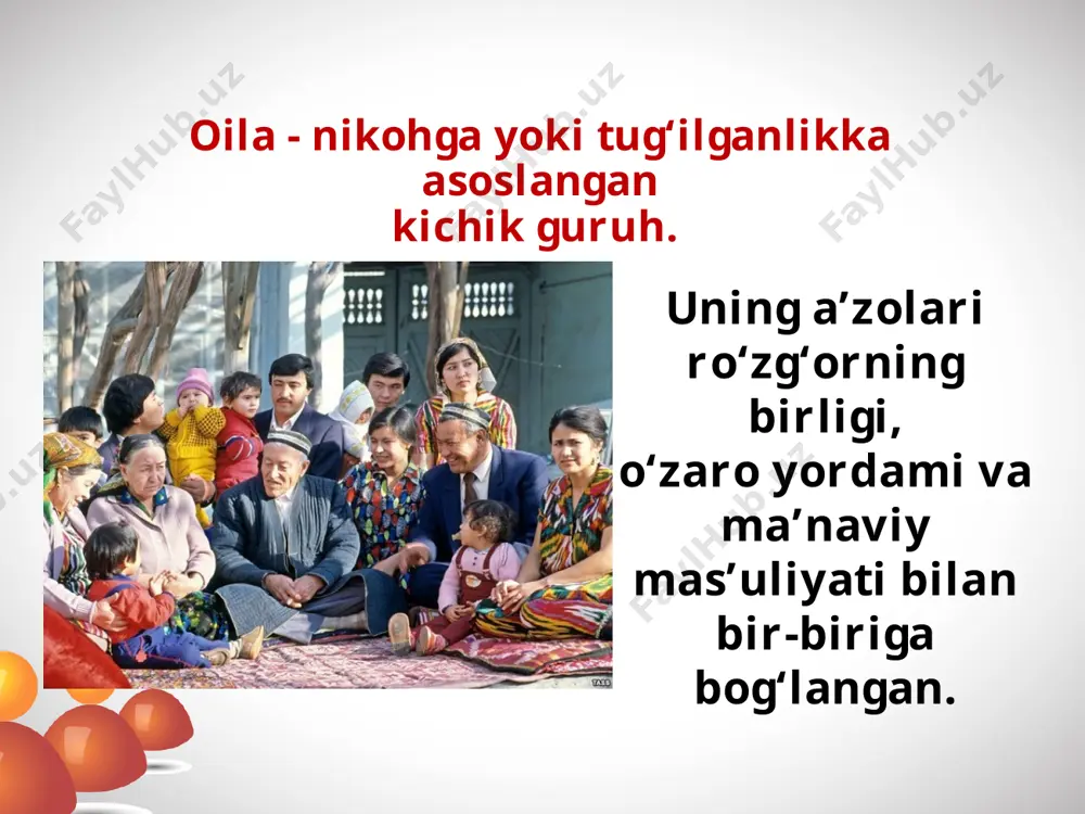 ning har bir a’zosi nafaqat o‘zining shaxsiy farovonligi yo‘lida, balki oilasining manfaatlari uchun qayg‘ursa, o‘z yaqinlariga g‘amxo‘rlik qilishni maqsad qilib olsa, oilaning farovonligi yanada mustahkamlanadi. yurtimizda barkamol avlodni tarbiyalashda oila instituti va mahalla fuqarolar yig‘inining ta’lim muassasalari bilan o‘zaro hamkorligini yanada rivojlantirish, mustahkamlash va samaradorligini oshirish borasida qator amaliy ishlar olib borilmoqda. oila kodeksining qabul qilinishi esa, hozirgi zamon talablaridan kelib chiqib, oila manfaatlarini takomillashtirish borasida muhim qadamlardan bo‘ldi. savol va topshiriqlar: 1. oilaviy farovonlik tushunchasiga ta’rif bering. 2. bugungi kunda mamlakatimizda oila masalasiga qanday ahamiyat berilmoqda? bu haqidagi fikringizni asoslang. 3. «oila — muqaddas qo‘rg‘on». mazkur tushunchaga quyidagi rasmlar orqali ta’rif bering. image2.jpeg image3.jpeg image4.jpeg image5.jpeg image6.jpeg image7.jpeg image8.jpeg image9.jpeg image10.jpeg image11.jpeg image12.jpeg image13.jpeg image14.png image15.jpeg image16.jpeg image17.jpeg image1.jpg