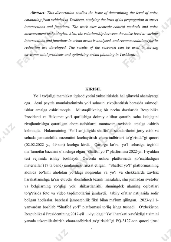 inlashni yanada kuchaytirish chora-tadbirlari toʻgʻrisida”gi qaroriga asosan o‘zbekiston respublikasida yo‘l harakati xavfsizligi tizimini takomillashtirish” mavzusida har haftaning juma kuni “yo‘l harakati xavfsizligini ta’minlash kuni” sifatida belgilandi. atrof-muhit muhofazasini kuchaytirish. ushbu kunda quyidagi tadbirlarni amalga oshirishga alohida e’tibor qaratilmoqda: “avtomobilsiz kun”ni o‘tkazishga qaratilgan tashkiliy, amaliy, madaniy, ma’naviy-ma’rifiy va ma’rifiy tadbirlar dasturini ishlab chiqish va amalga oshirish bo‘yicha tegishli vazirlik va idoralar bilan hamkorlikda. “avtomobilsiz kun” tashabbusining asosiy maqsadi ma’naviyatni mustahkamlashdan iborat. va sog'lom turmush tarzini targ'ib qiluvchi, avtotransportsiz tashishning maqsadga muvofiqligi va zarurligini ko'rsatadigan, shuningdek, odamlarni atrof-muhit sharoitlarini yaxshilash va havo sifatini saqlashga undaydigan ta'lim faoliyati. tadqiqotning dolzarbligi: ayni paytda aholi sonining ko‘payishi va shaharlarda avtomashinalar sonining ko‘payishi munosabati bilan chorraha va chorrahalarda transport shovqini kuchaymoqda. bu bugungi kunda dolzarb masala bo'lib, shahar bo'ylab ortiqcha shovqinning aholi salomatligiga zararli ta'siriga olib keladi. buni yumshatish uchun shahar yo'llarining ekspluatatsion ko'rsatkichlarini yaxshilash va chorraha va kesishmalarda transport shovqinini kamaytirish strategiyalarini ishlab chiqish zarur. …