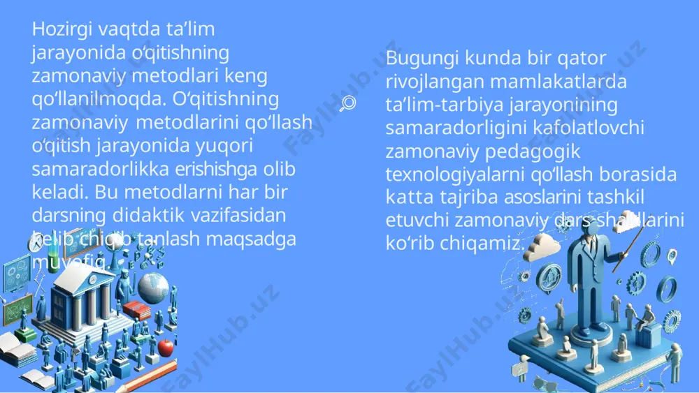 faollashtiruvchi va mustaqil fikrlashga undovchi, ta’lim jarayonining markazida ta’lim oluvchi bo‘lgan metodlar tushuniladi. *zakovatli zukko” metodi *qarama-qarshi munosabat” metodi *taqdimot” metodi *pinbord” metodi *blits-so‘rov” metodi *modellashtirish” metodi interfaol metodlar *jadval” metodi *bilimlar soyaboni” metodi *galereya” metodi “freewriting” metodi *scamper” - metodi “dekoder” metodi “sinektika” metodi interfaol metodlarni ta’riflaymiz pinbord metodi bu usul aqliy hujum metodining bir ko‘rinishi bo‘lib, unda qo‘yilgan muammoni hal qilish bo‘yicha g‘oyalar alohida qog‘ozchalarda yozilib, doskaga mixlanib boriladi. *blits-so‘rov” metodi berilgan savollarga qisqa, aniq, lo‘nda javob qaytarilishini taqozo etadigan metod sanaladi. *modellashtirish” metodi o‘quvchilarda o‘zlashtirilgan mavzu, masala yoki hal qilingan muammo yuzasidan mantiqiy fikrlash, mavzu, masala yoki hal qilingan muammoning umumiy mohiyatini model (shartli belgi)lar yordamida tasvir shaklida ifodalay olish ko‘nikmalarini shakllantirishga xizmat qiladi. *qarama-qarshi munosabat” metodi metodi o‘z mohiyatiga ko‘ra o‘zlashtirilgan bilimlarni tahlil va sintez qilish asosida asosiy hamda ikkinchi darajali ma’lumotlar sifatida guruhlarga ajratish imkonini beradi. 1 2 3 4 5 6 *taqdimot” metodi o‘rganiladigan …